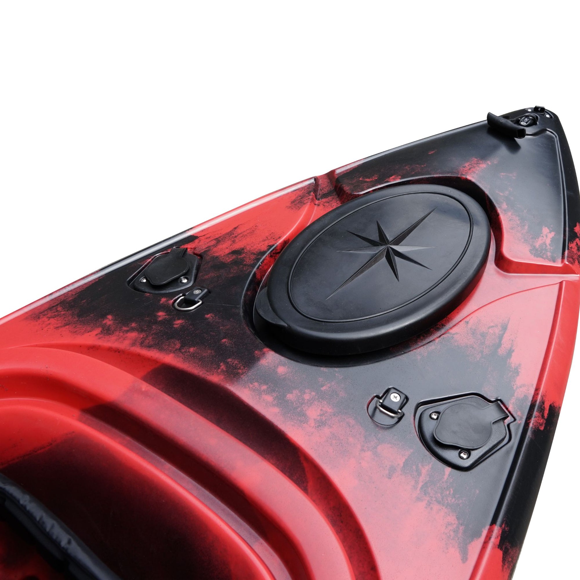 Deck detail of the Cambridge Kayaks single sit inside leisure fishing kayak in red black camo, emphasizing hatch cover, tie-downs, and durable fittings.