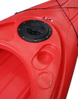 Cockpit view of the Cambridge Kayaks single sit inside leisure fishing kayak in red, showing molded seating, storage hatch, and contoured deck design.