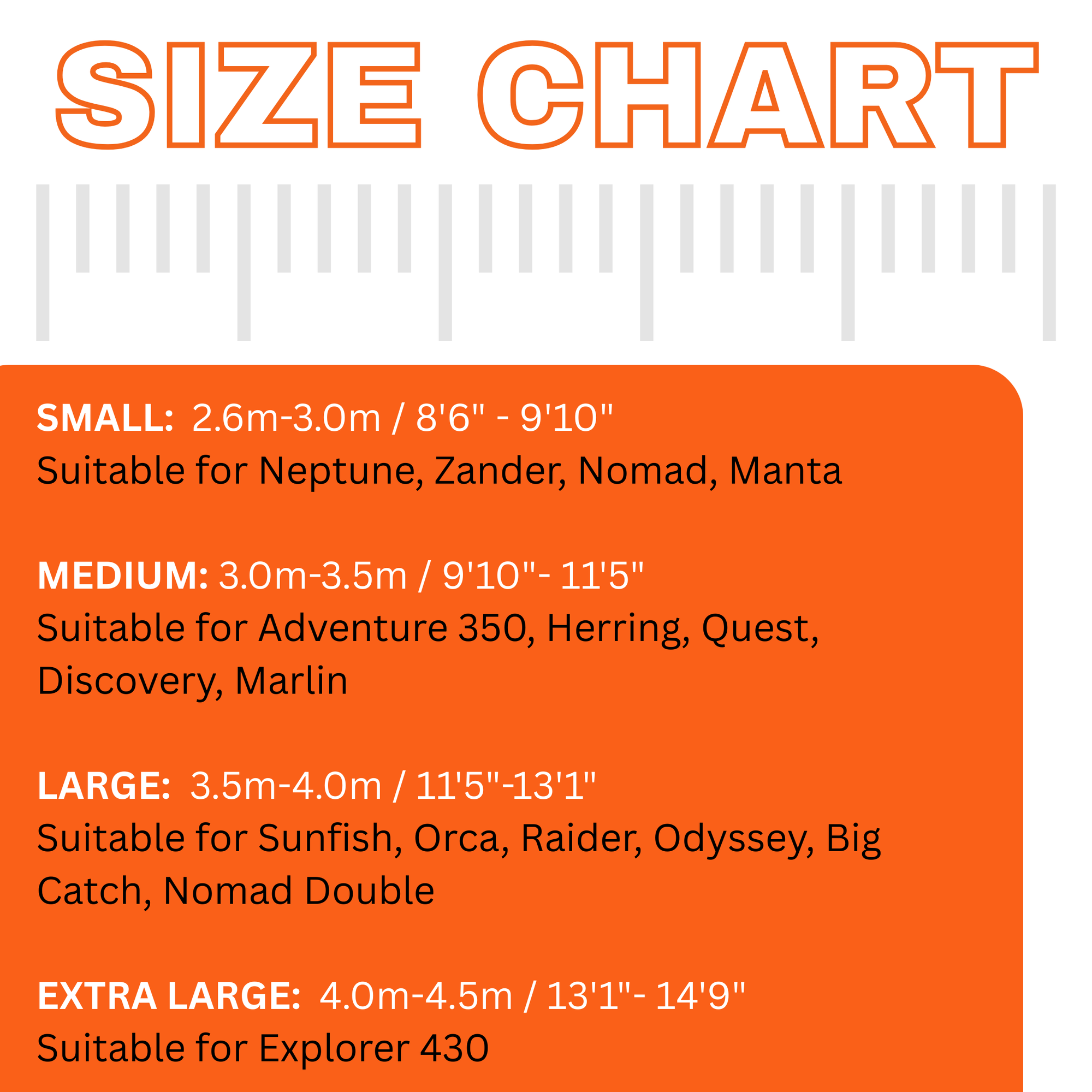 Cambridge Kayaks size chart image for kayak covers, showing small, medium, large, and extra-large fitting guide with model compatibility including Neptune, Zander, Nomad, Sunfish, Raider, Odyssey, and Explorer kayaks — perfect reference for UK buyers.