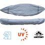 Full view of the Cambridge Kayaks Small Protection Cover in silver, designed to shield kayaks from rain, dust, and sun damage with its durable waterproof construction.