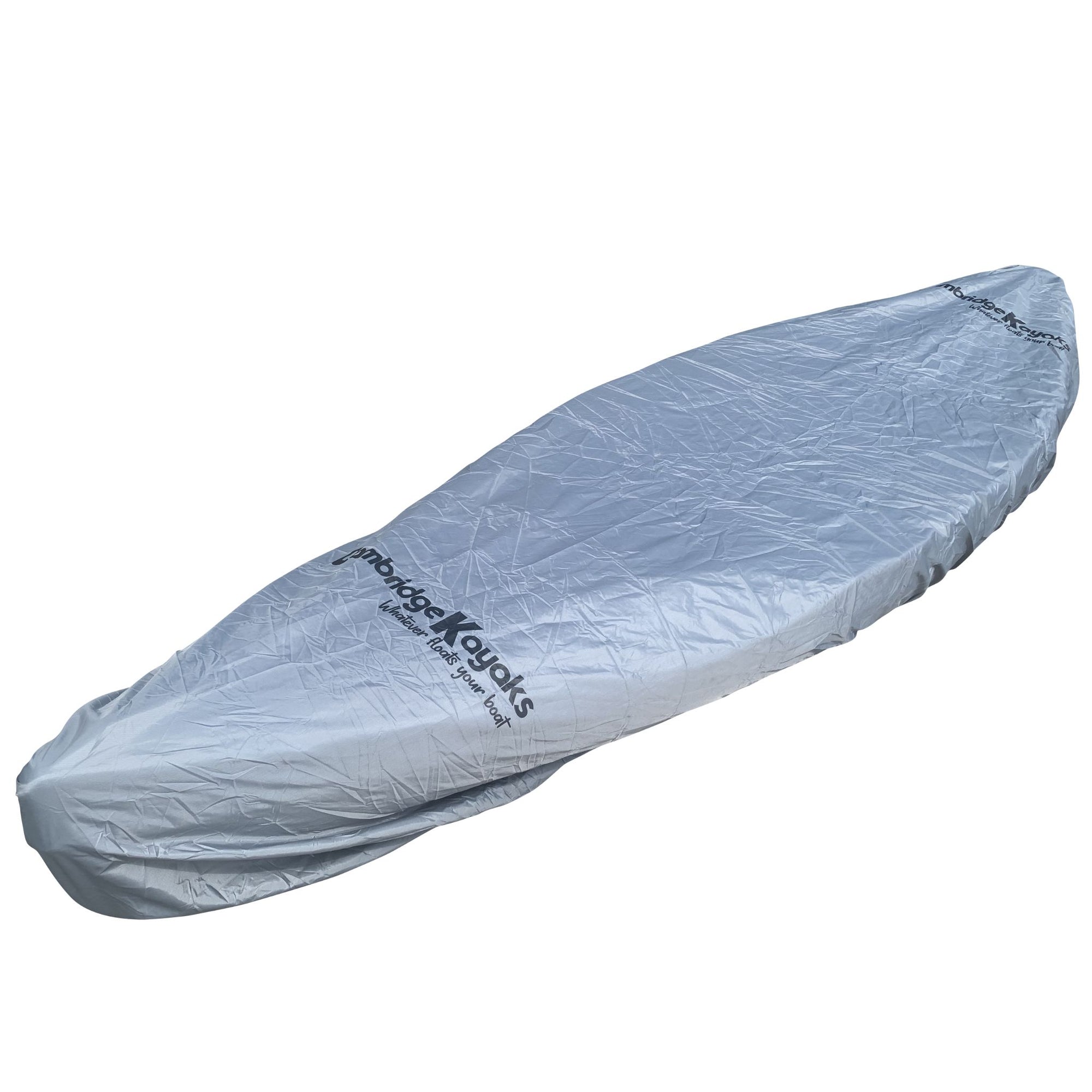 Side-angled view of the Cambridge Kayaks Small Protection Cover showing its contoured fit and elasticated edges for a secure grip around single-seat kayaks.
