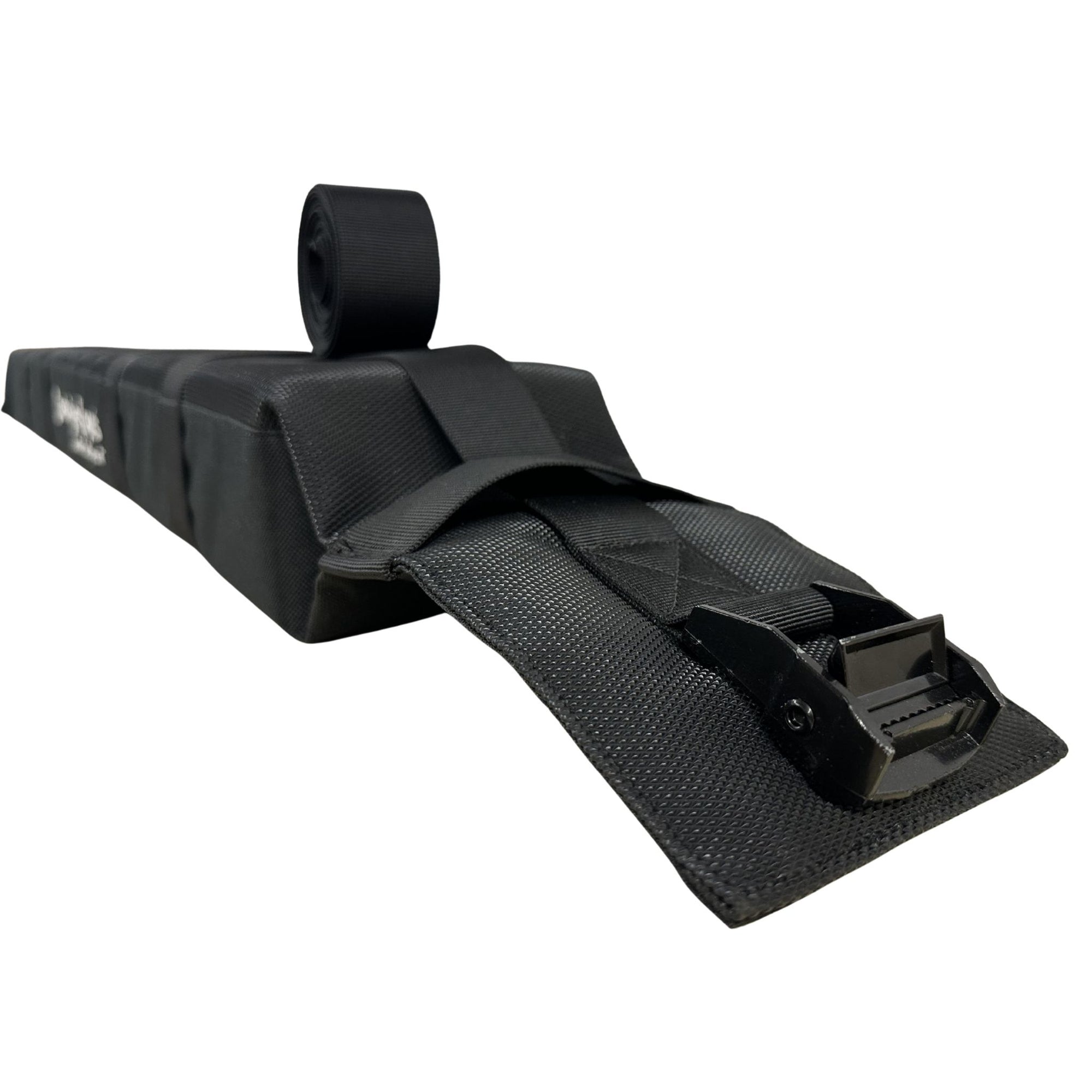 Detailed image of the Cambridge Kayaks soft roof rack buckle system showing the tightening mechanism and strap threading.