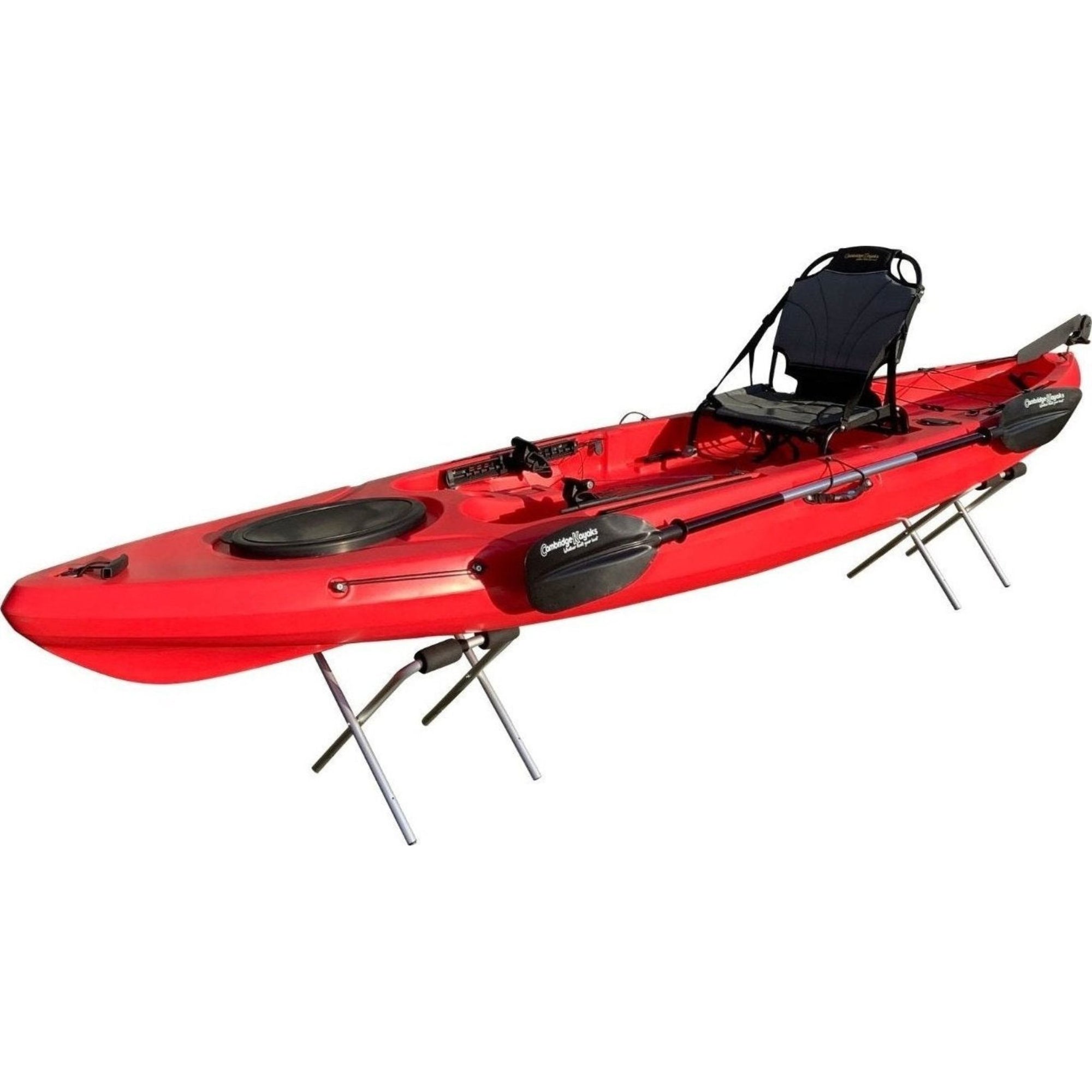 Cambridge Kayaks stand in use holding a red kayak off the ground, demonstrating stability and easy access for maintenance or storage.