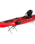 Cambridge Kayaks stand in use holding a red kayak off the ground, demonstrating stability and easy access for maintenance or storage.