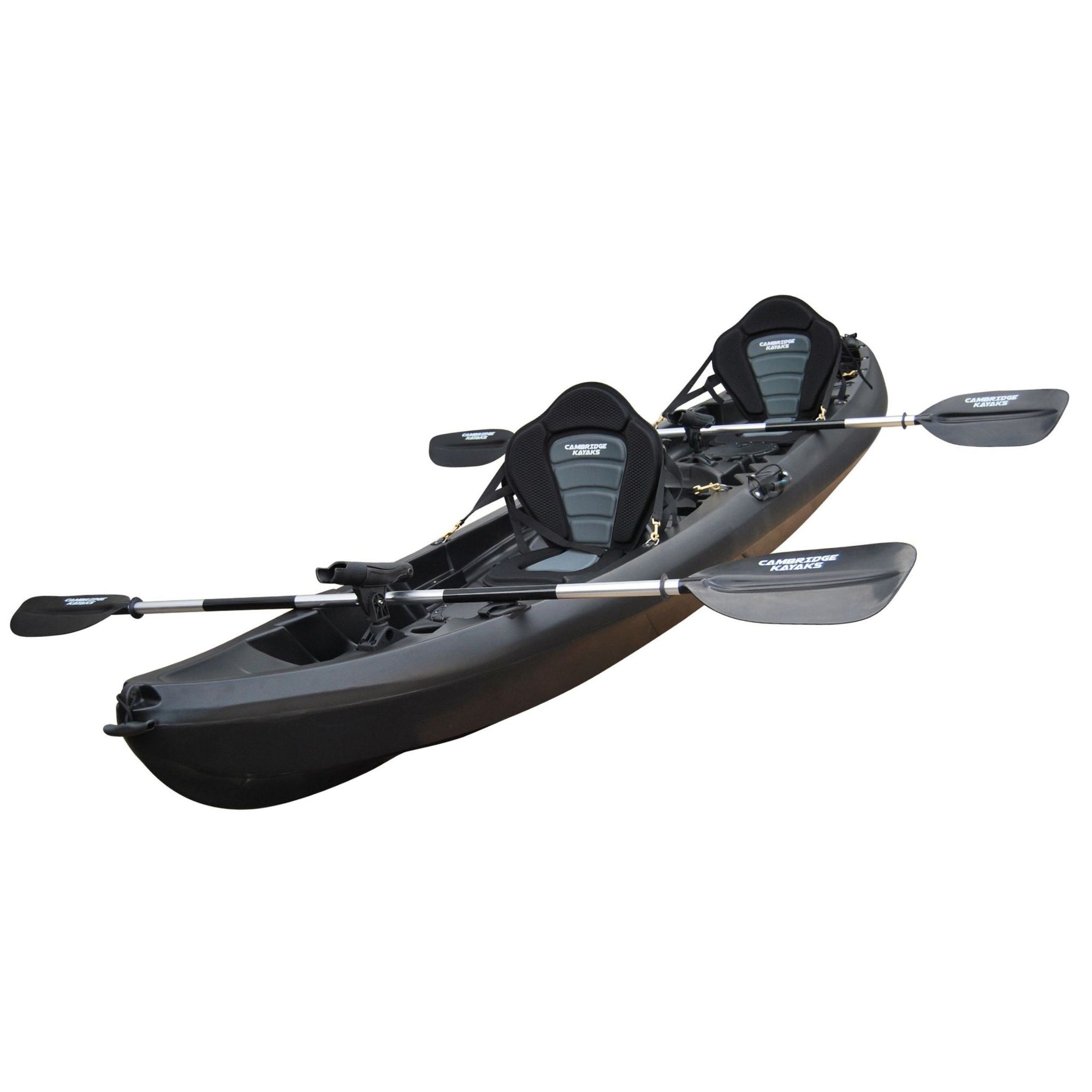 Side profile of the Cambridge Kayaks Sun Fish double sit-on-top fishing kayak in black, showing durable polyethylene construction, scupper holes for drainage, and stable twin hull designed for touring or fishing trips.