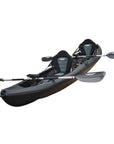 Side profile of the Cambridge Kayaks Sun Fish double sit-on-top fishing kayak in black, showing durable polyethylene construction, scupper holes for drainage, and stable twin hull designed for touring or fishing trips.