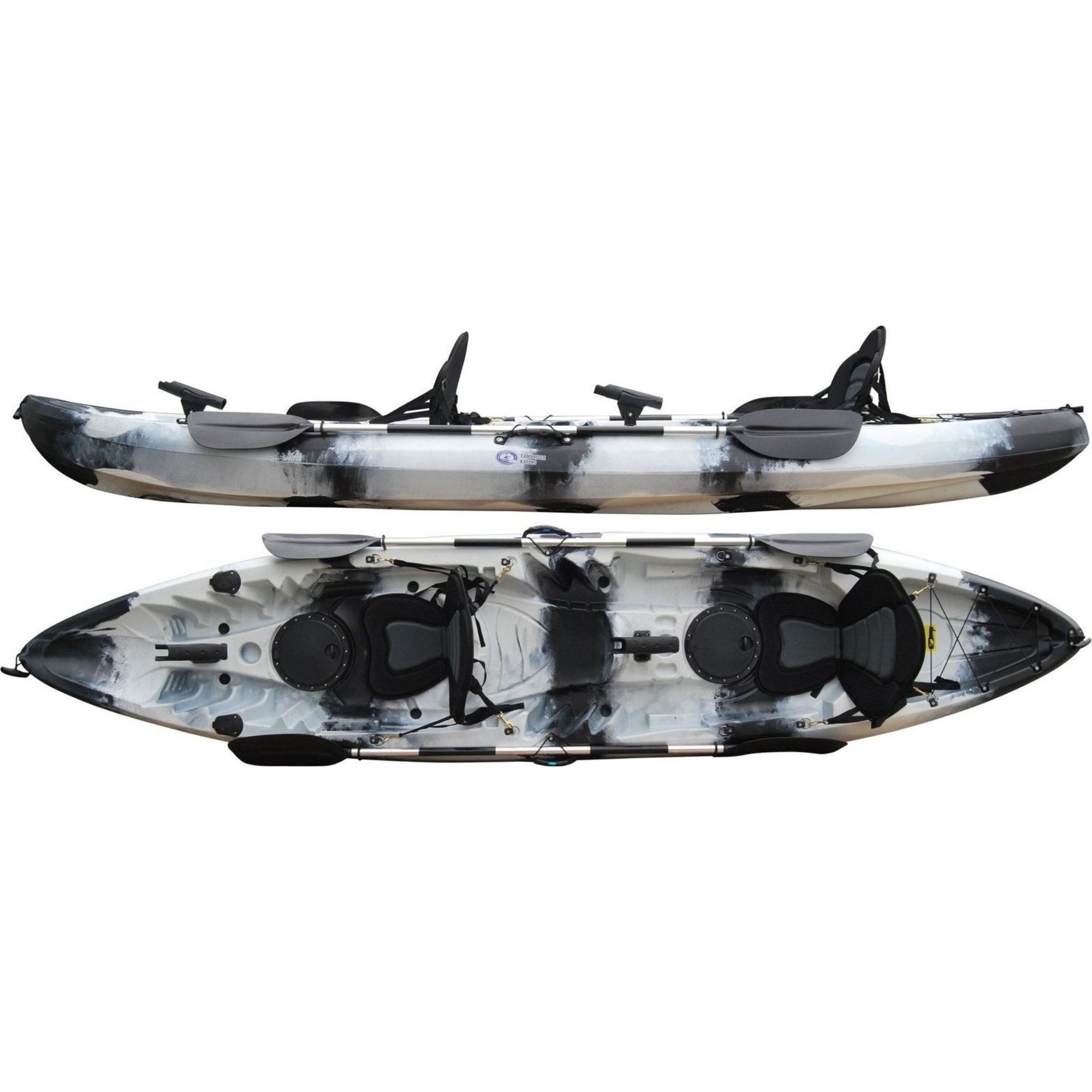 Cambridge Kayaks Sun Fish leisure double fishing kayak in black white camo, versatile tandem kayak with comfortable seating, ideal for touring and recreational angling