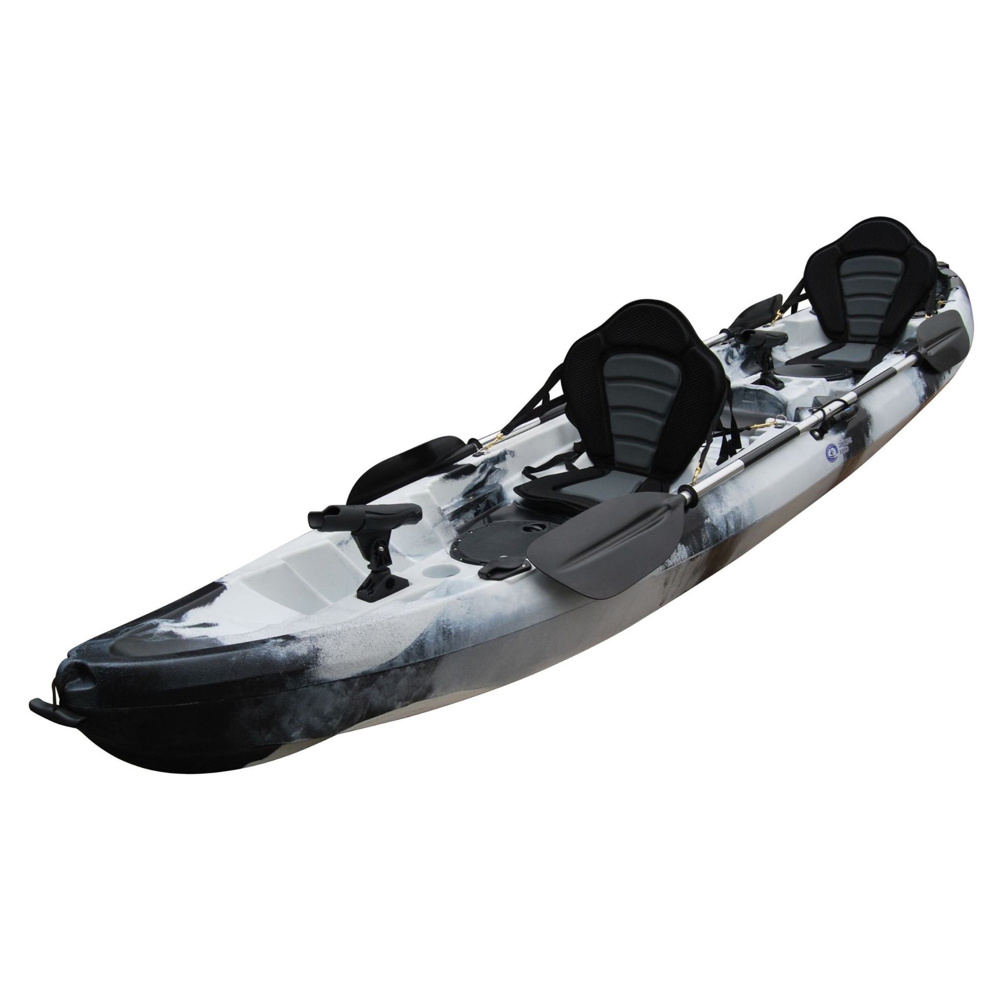 Front angled view of the Cambridge Kayaks Sun Fish double sit-on-top fishing kayak in black white, combining modern monochrome design with dual seats, strong handles, and fishing rod mounts for reliable performance.