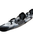 Front angled view of the Cambridge Kayaks Sun Fish double sit-on-top fishing kayak in black white, combining modern monochrome design with dual seats, strong handles, and fishing rod mounts for reliable performance.