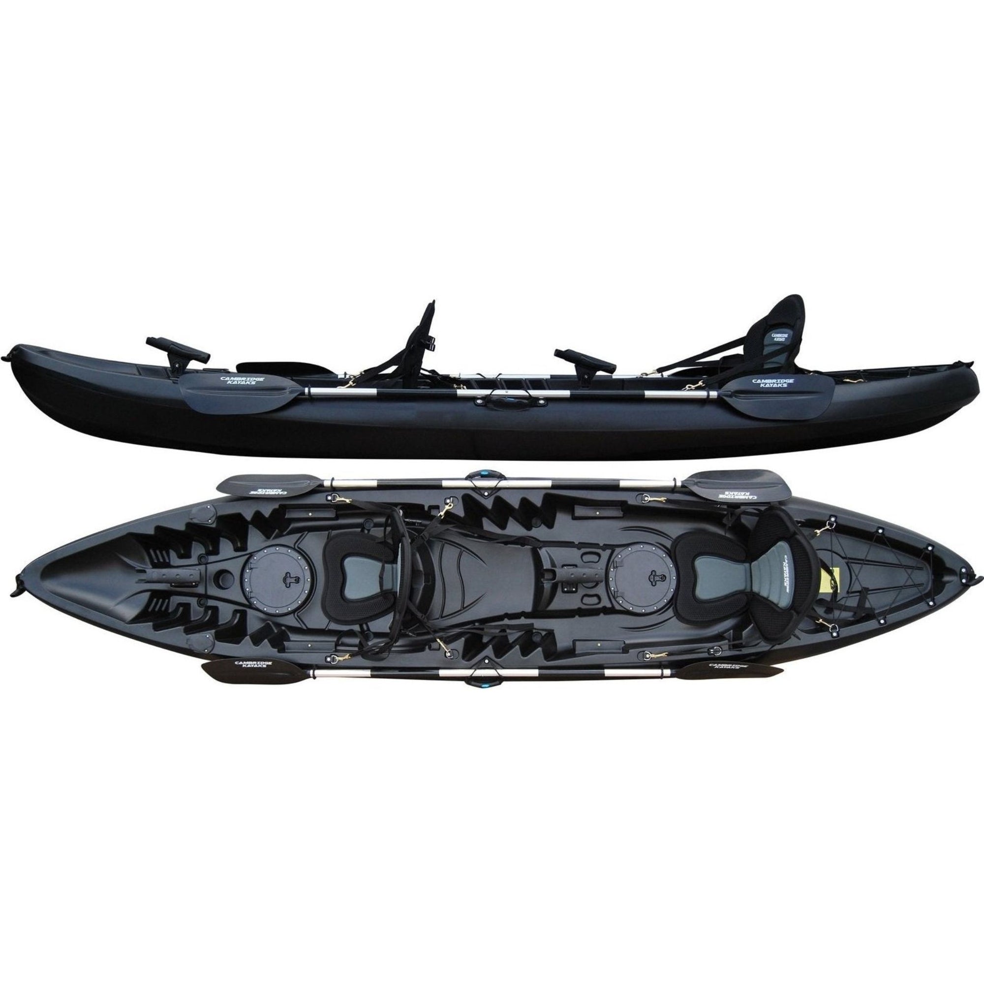 Cambridge Kayaks Sun Fish tandem fishing kayak in solid black, strong and reliable leisure kayak for rivers, lakes and sea fishing trips with rear storage and seating