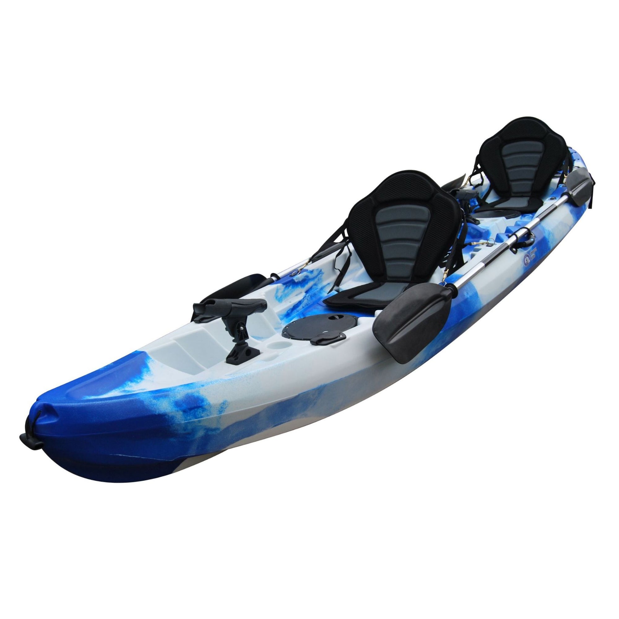 Top view of the Cambridge Kayaks Sun Fish double sit-on-top fishing kayak in blue white camo, featuring deluxe padded seats, waterproof hatches, and wide stable hull ideal for family kayaking adventures.