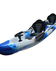 Top view of the Cambridge Kayaks Sun Fish double sit-on-top fishing kayak in blue white camo, featuring deluxe padded seats, waterproof hatches, and wide stable hull ideal for family kayaking adventures.