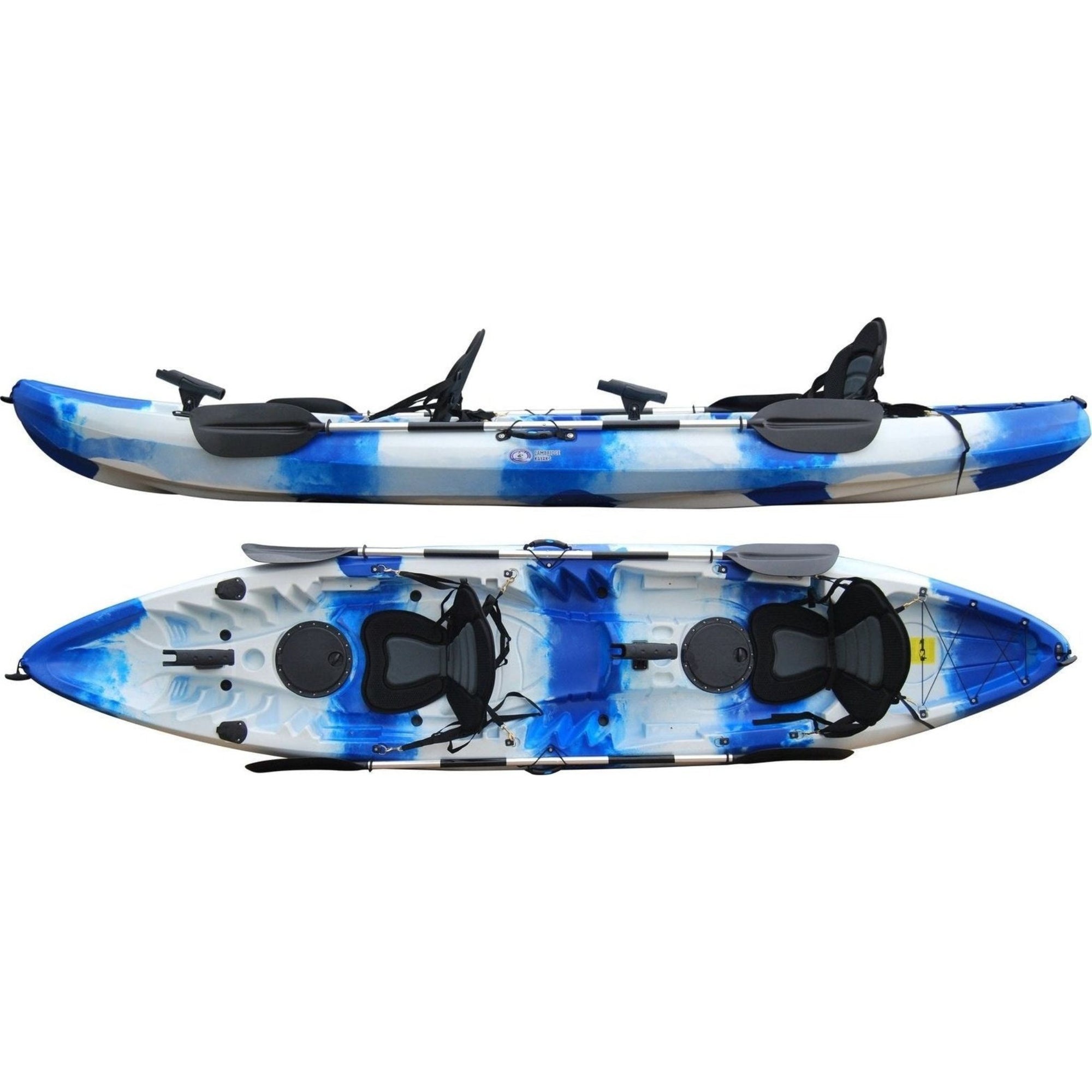 Cambridge Kayaks Sun Fish sit on top tandem kayak in blue white camo, designed for fishing, family leisure paddling and touring with adjustable seating and storage hatches