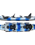 Cambridge Kayaks Sun Fish sit on top tandem kayak in blue white camo, designed for fishing, family leisure paddling and touring with adjustable seating and storage hatches
