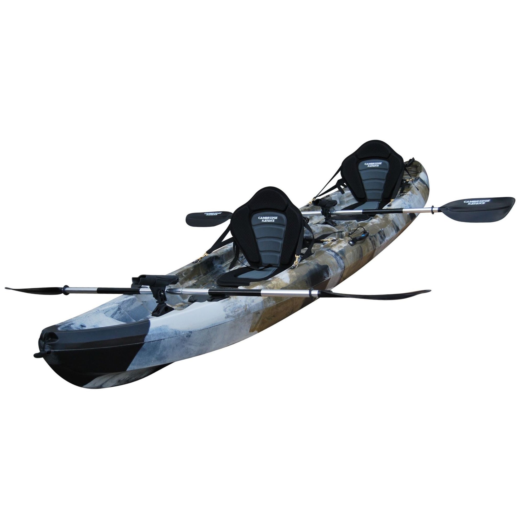 Side profile of the Cambridge Kayaks Sun Fish double sit-on-top fishing kayak in desert camo, designed with wide hull for stability, twin seat setup, and multiple hatches for storage during long fishing days.