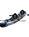 Side profile of the Cambridge Kayaks Sun Fish double sit-on-top fishing kayak in desert camo, designed with wide hull for stability, twin seat setup, and multiple hatches for storage during long fishing days.