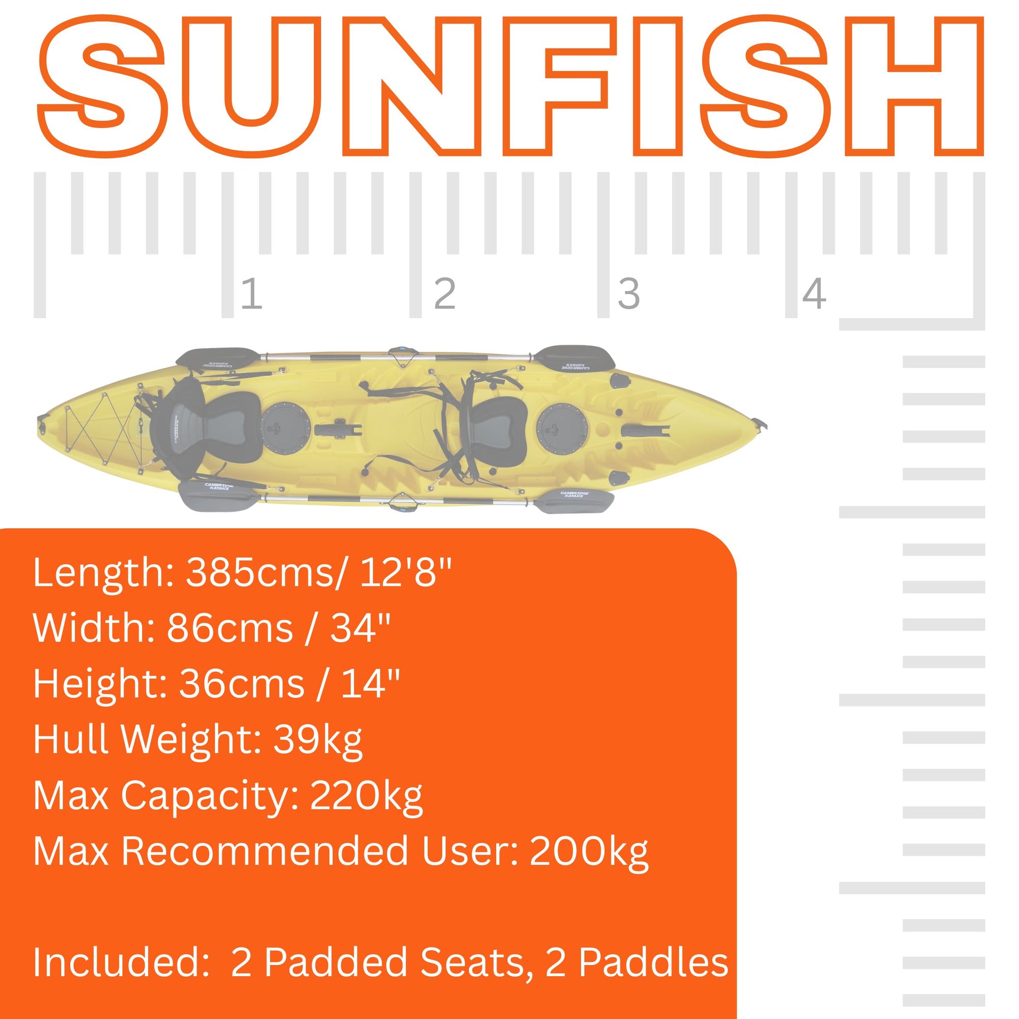 Dimensions diagram for Cambridge Kayaks Sun Fish double sit on top fishing kayak, highlighting length, width, weight and storage layout
