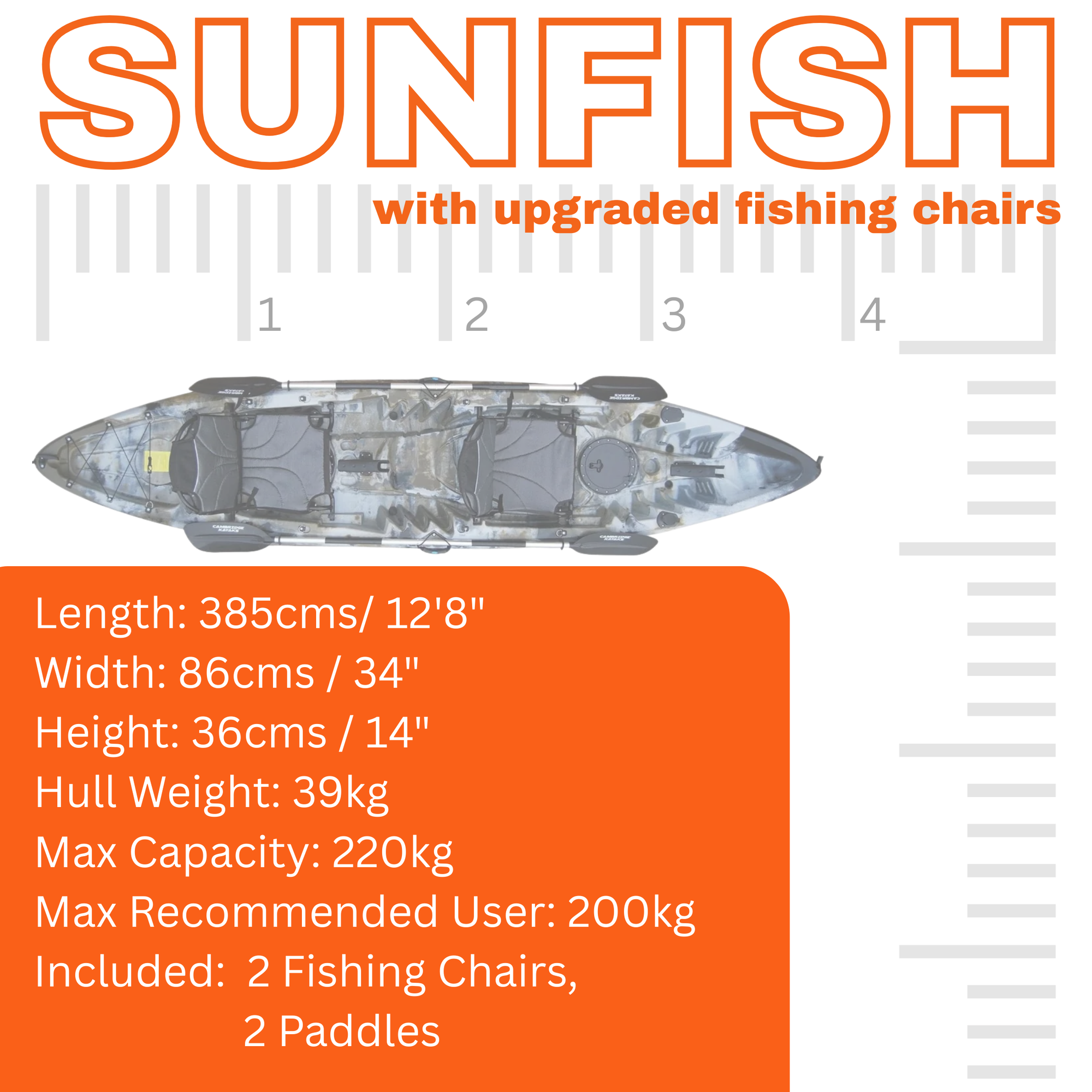 Dimensions diagram for Cambridge Kayaks Sun Fish double sit on top fishing kayak, highlighting length, width, weight and storage layout