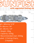 Dimensions diagram for Cambridge Kayaks Sun Fish double sit on top fishing kayak, highlighting length, width, weight and storage layout