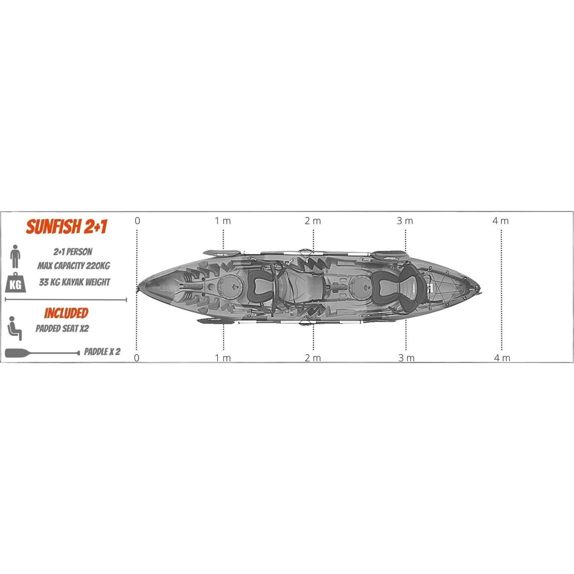 Dimensions diagram for Cambridge Kayaks Sun Fish double sit on top fishing kayak, highlighting length, width, weight and storage layout