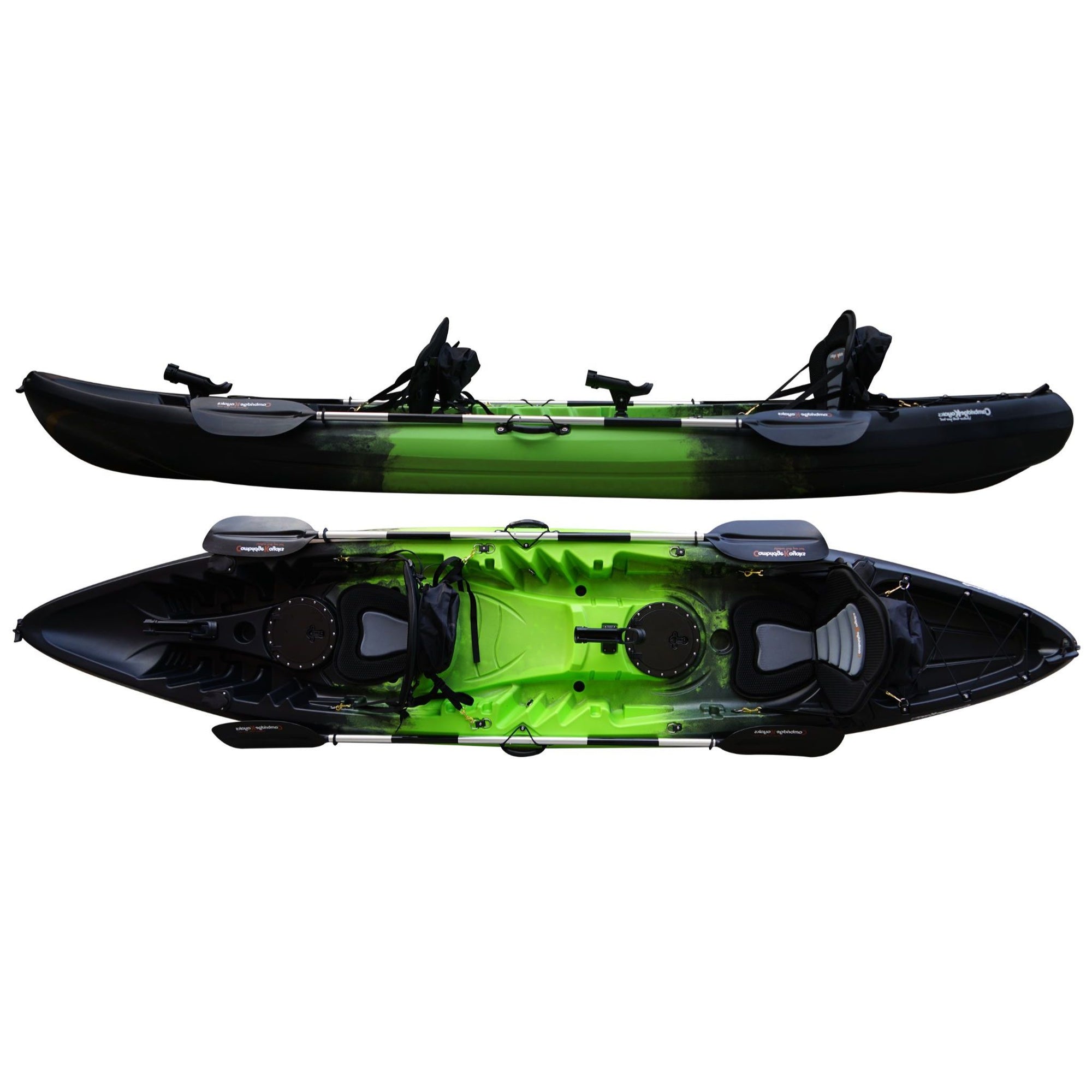 Cambridge Kayaks Sun Fish sit on top double fishing kayak in green black fade, strong and stable family kayak for touring, angling and recreational use on rivers and lakes