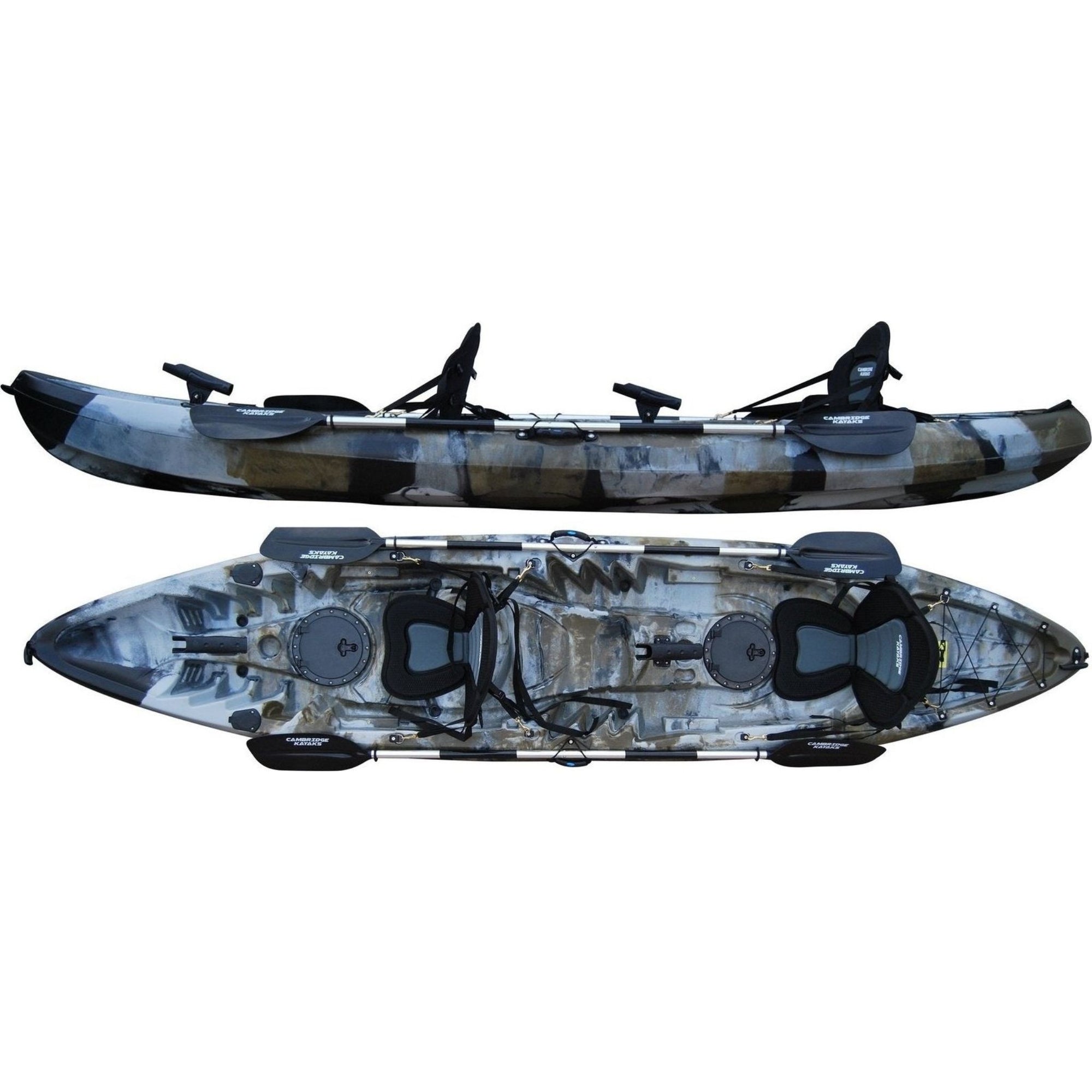 Sunfish Double Sit On Top Leisure Fishing Kayak in jungle color, featuring a vibrant and nature-inspired design suitable for two paddlers and an additional seat for a child or pet, ideal for outdoor fishing excursions