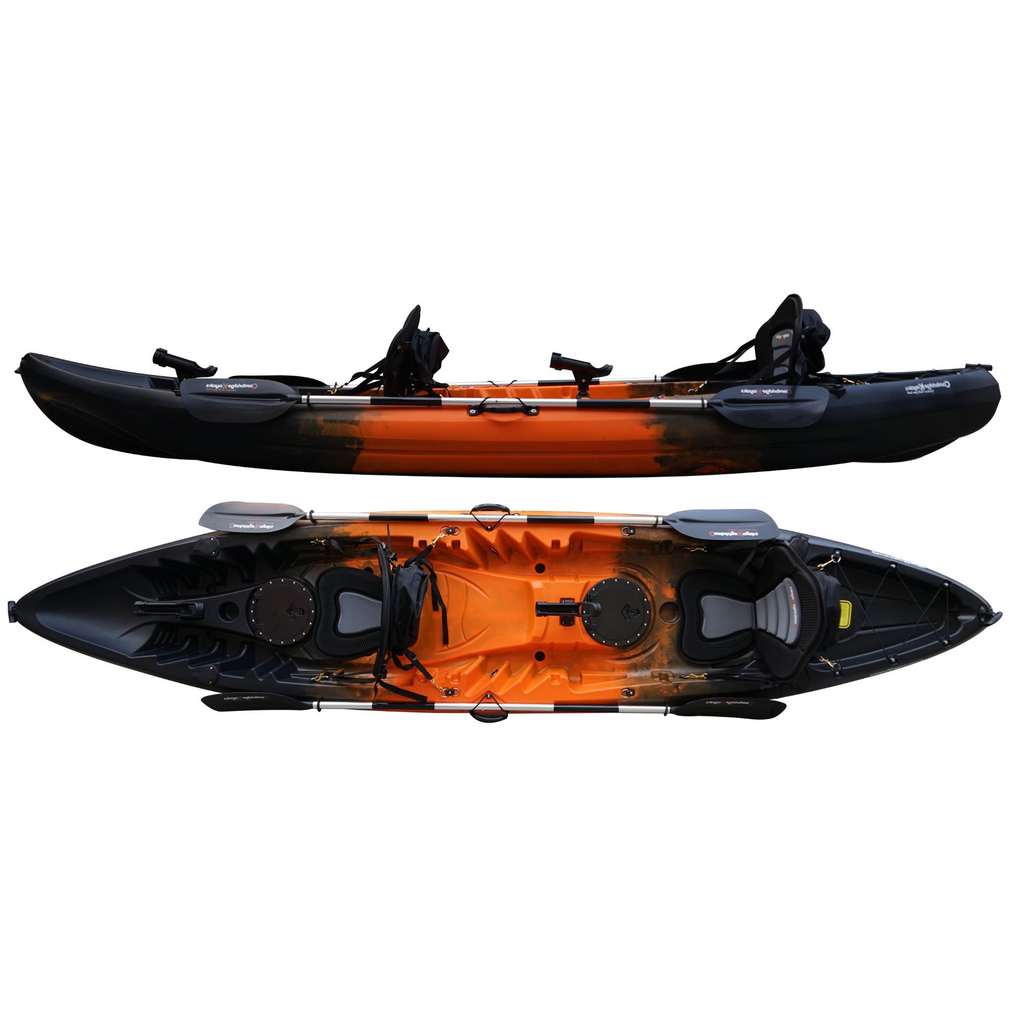 Cambridge Kayaks Sun Fish double sit on top fishing kayak in orange black fade, durable tandem kayak for UK waters, ideal for sea, river and lake fishing and touring