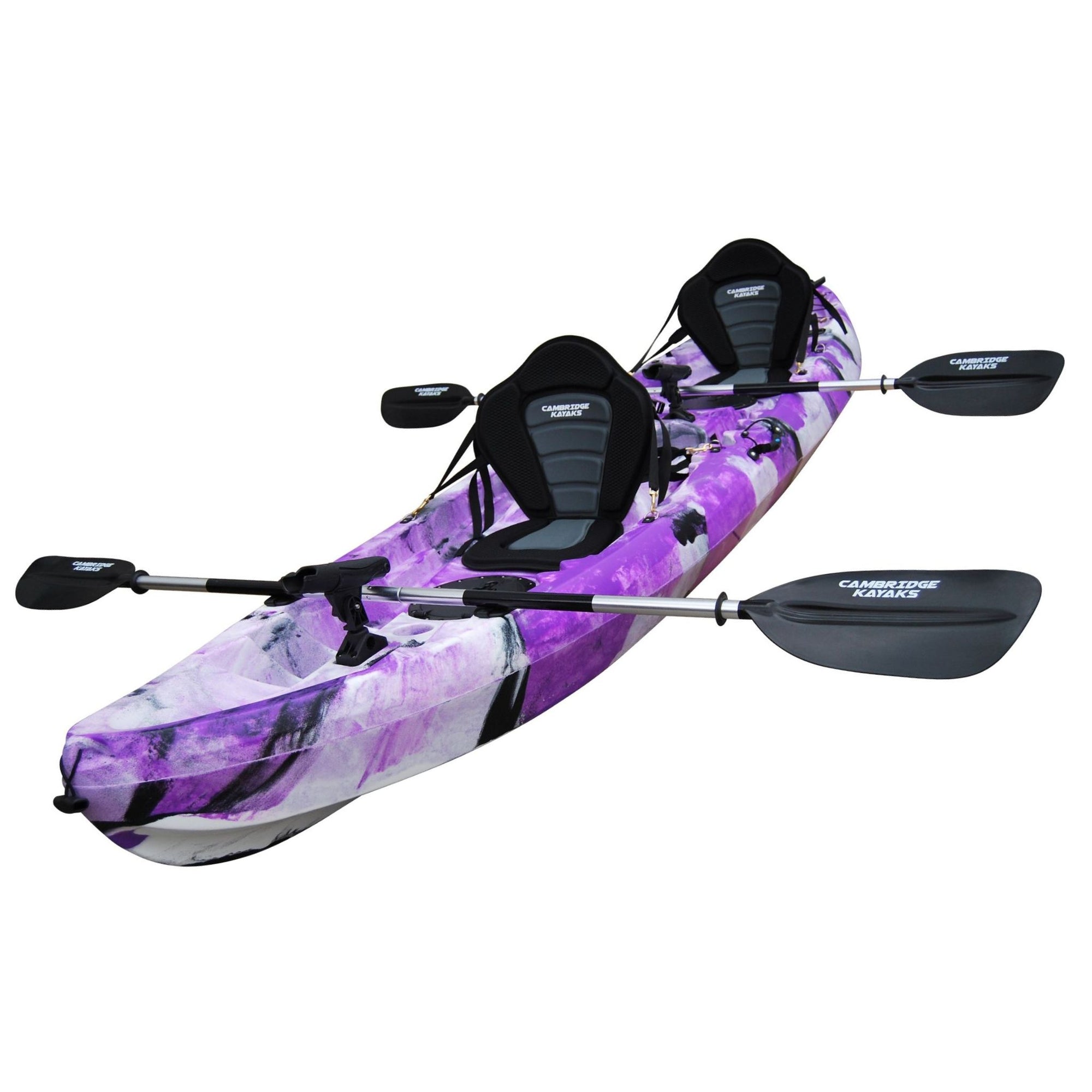 Angled view of the Cambridge Kayaks Sun Fish double sit-on-top fishing kayak in purple camo, showing dual seating, molded drink holders, storage hatches, and bungee cords for recreational touring and fishing.