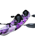 Angled view of the Cambridge Kayaks Sun Fish double sit-on-top fishing kayak in purple camo, showing dual seating, molded drink holders, storage hatches, and bungee cords for recreational touring and fishing.