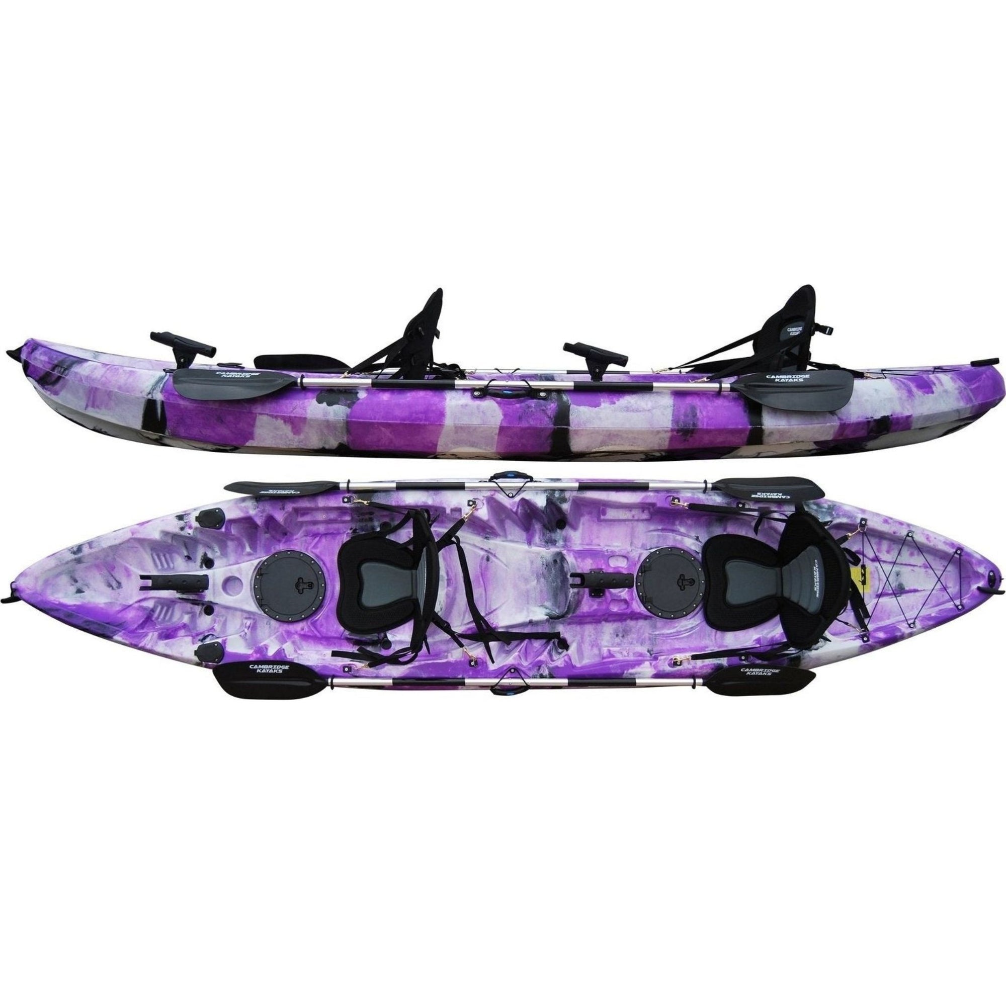 Cambridge Kayaks Sun Fish double sit on top kayak in purple camo, colourful family leisure kayak with rod holders, footrests and stable hull for beginners and experienced paddlers