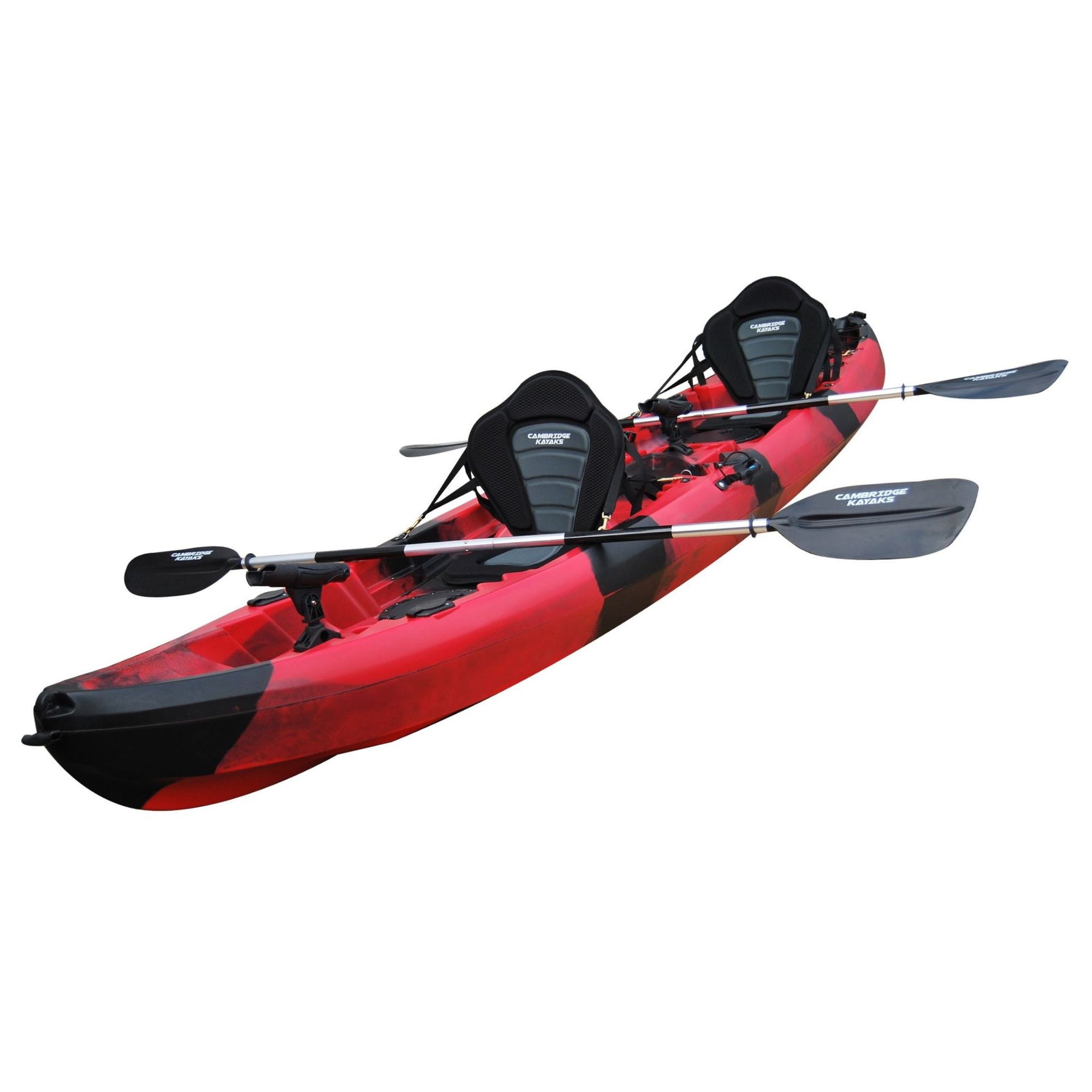 Front view of the Cambridge Kayaks Sun Fish double sit-on-top fishing kayak in red black camo, highlighting the bold two-tone camouflage finish, adjustable padded seats, and deck layout optimized for anglers.