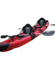 Front view of the Cambridge Kayaks Sun Fish double sit-on-top fishing kayak in red black camo, highlighting the bold two-tone camouflage finish, adjustable padded seats, and deck layout optimized for anglers.