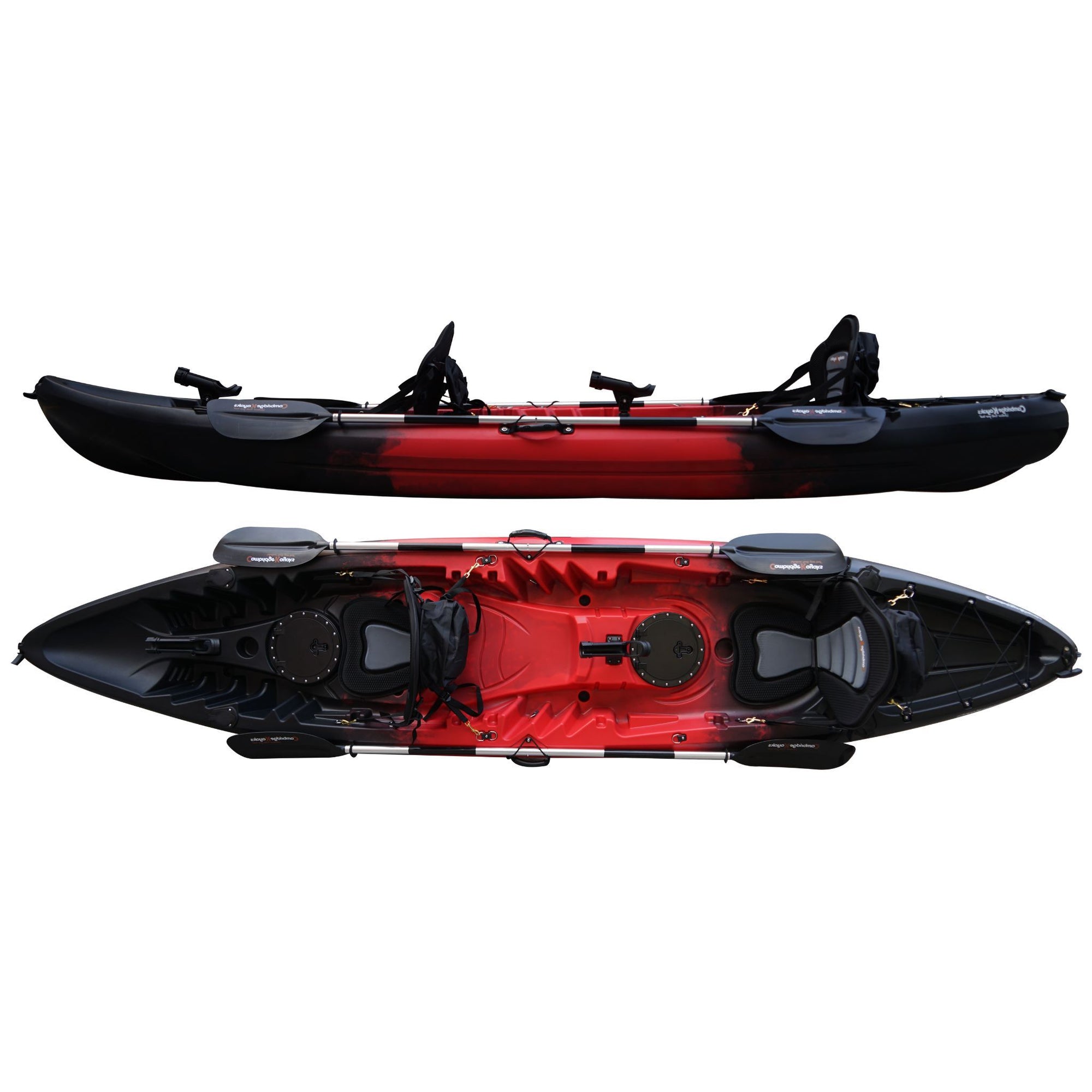 Cambridge Kayaks Sun Fish leisure double fishing kayak in red black fade, stable and comfortable tandem kayak with rod holders and storage, great for families and anglers