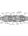 Specifications diagram for Cambridge Kayaks Sun Fish double sit on top fishing kayak, showing seating, storage, rod holders and technical details