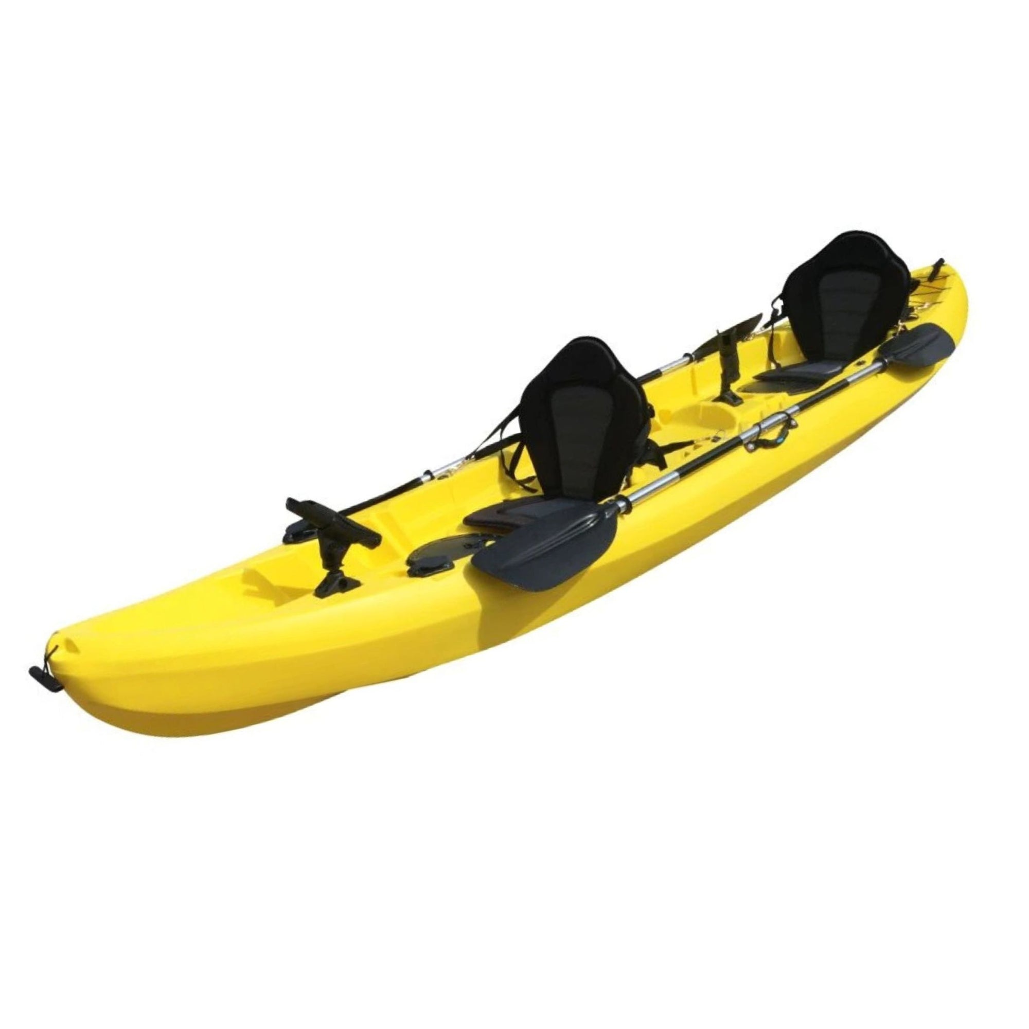 Cambridge Kayaks Sun Fish double sit on top fishing kayak in yellow, alternate side angle showing tandem seating, rod holders and hull design for leisure paddling