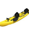 Cambridge Kayaks Sun Fish double sit on top fishing kayak in yellow, alternate side angle showing tandem seating, rod holders and hull design for leisure paddling