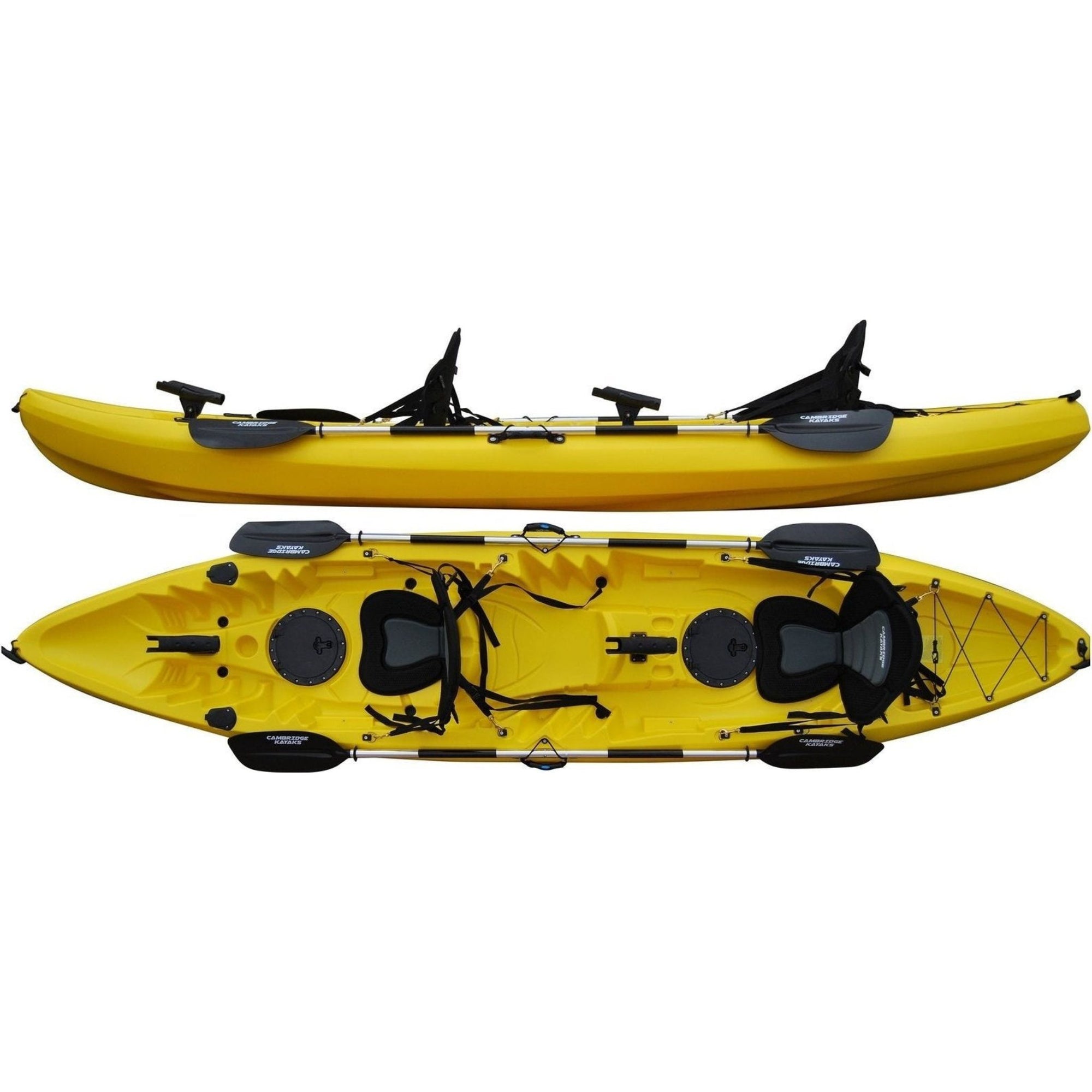 Cambridge Kayaks Sun Fish double sit on top kayak in bright yellow, stable tandem kayak for beginners and families, ideal for recreational paddling and fishing