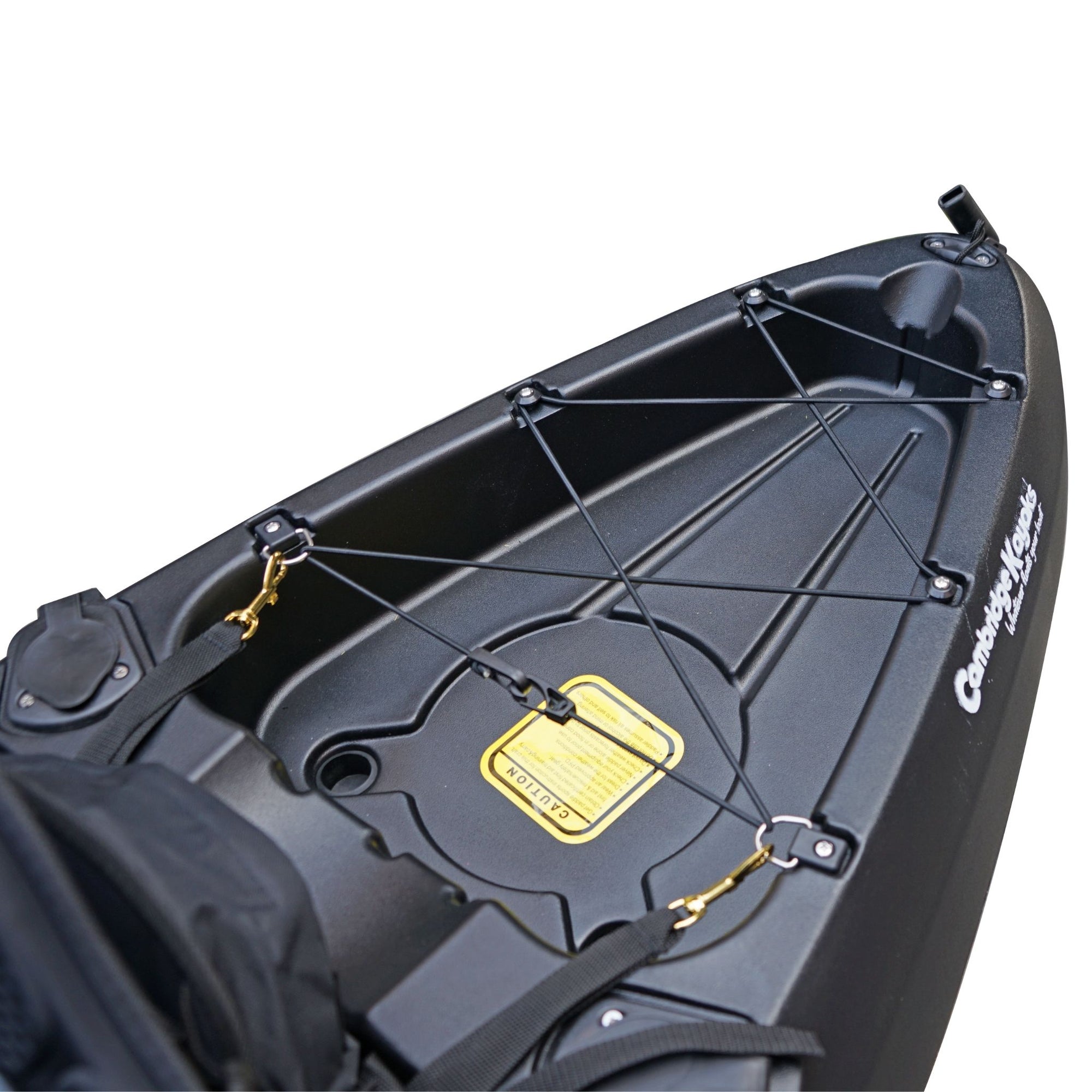 Cambridge Kayaks Sunfish Double Fishing Kayak in black finish, angled front photo showing hull shape, seating area and bow carry handle for UK sea kayaking.