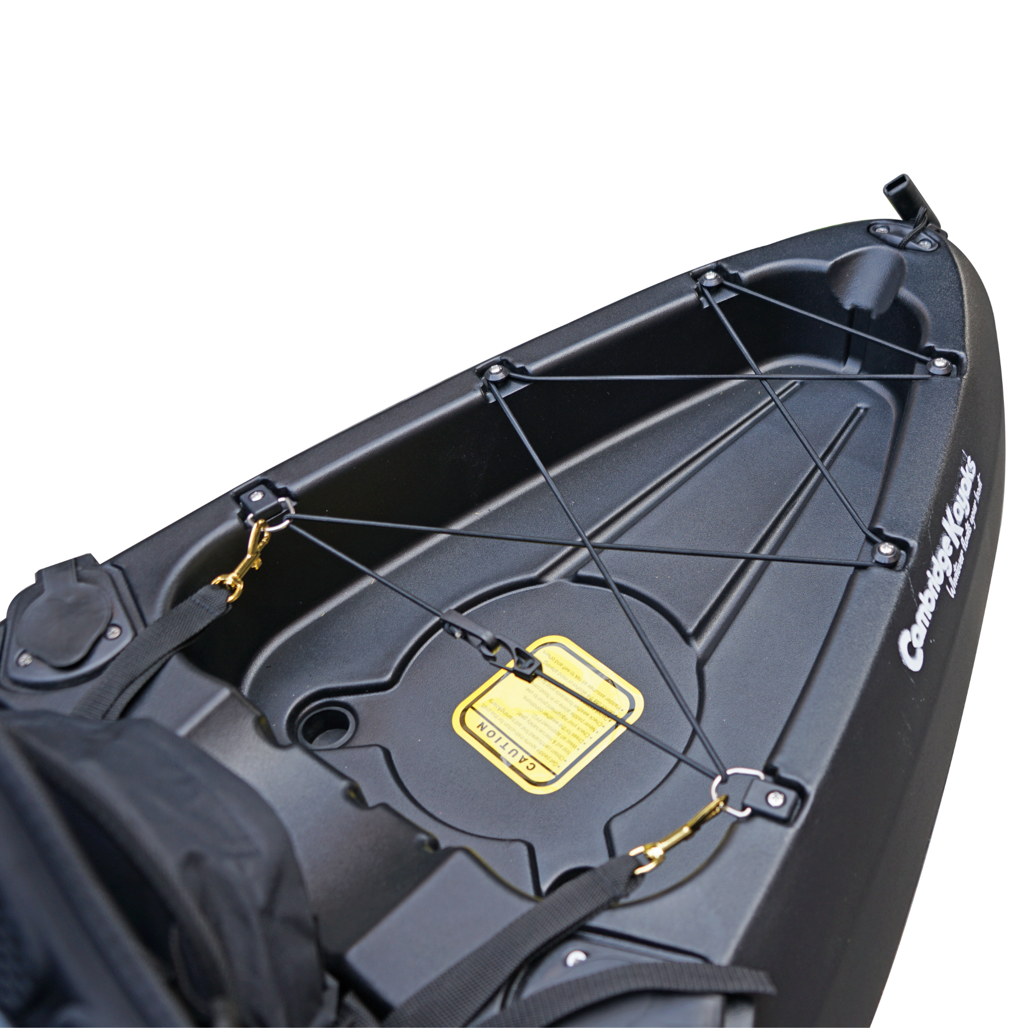 Cambridge Kayaks Sunfish Double Fishing Kayak in black finish, angled front photo showing hull shape, seating area and bow carry handle for UK sea kayaking.