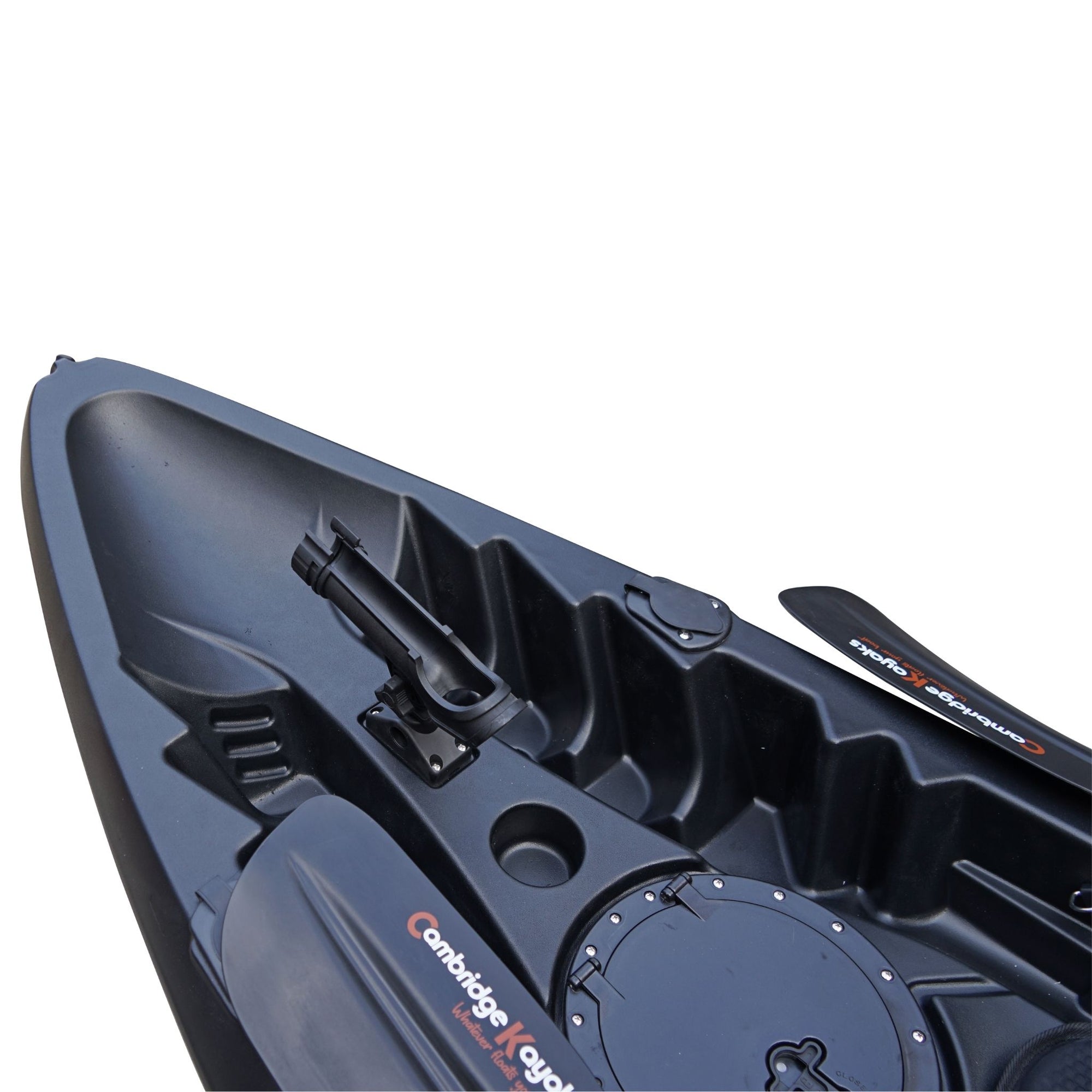 Cambridge Kayaks Sunfish Double Fishing Kayak in black, mid-deck photo showing seat fixings and moulded foot grips for comfort on UK waters.
