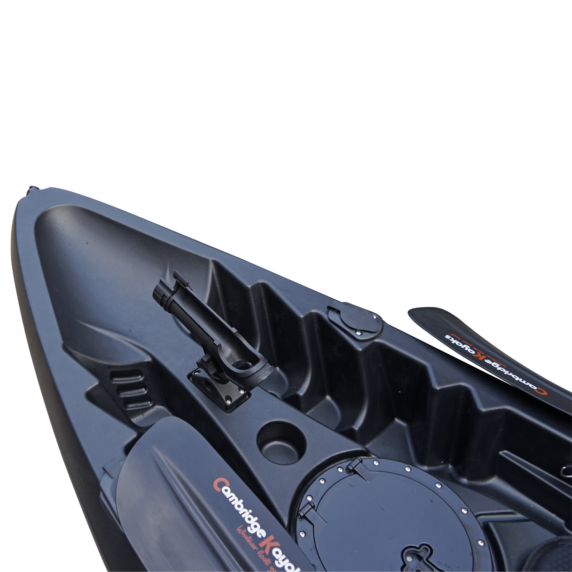 Cambridge Kayaks Sunfish Double Fishing Kayak in black, mid-deck photo showing seat fixings and moulded foot grips for comfort on UK waters.