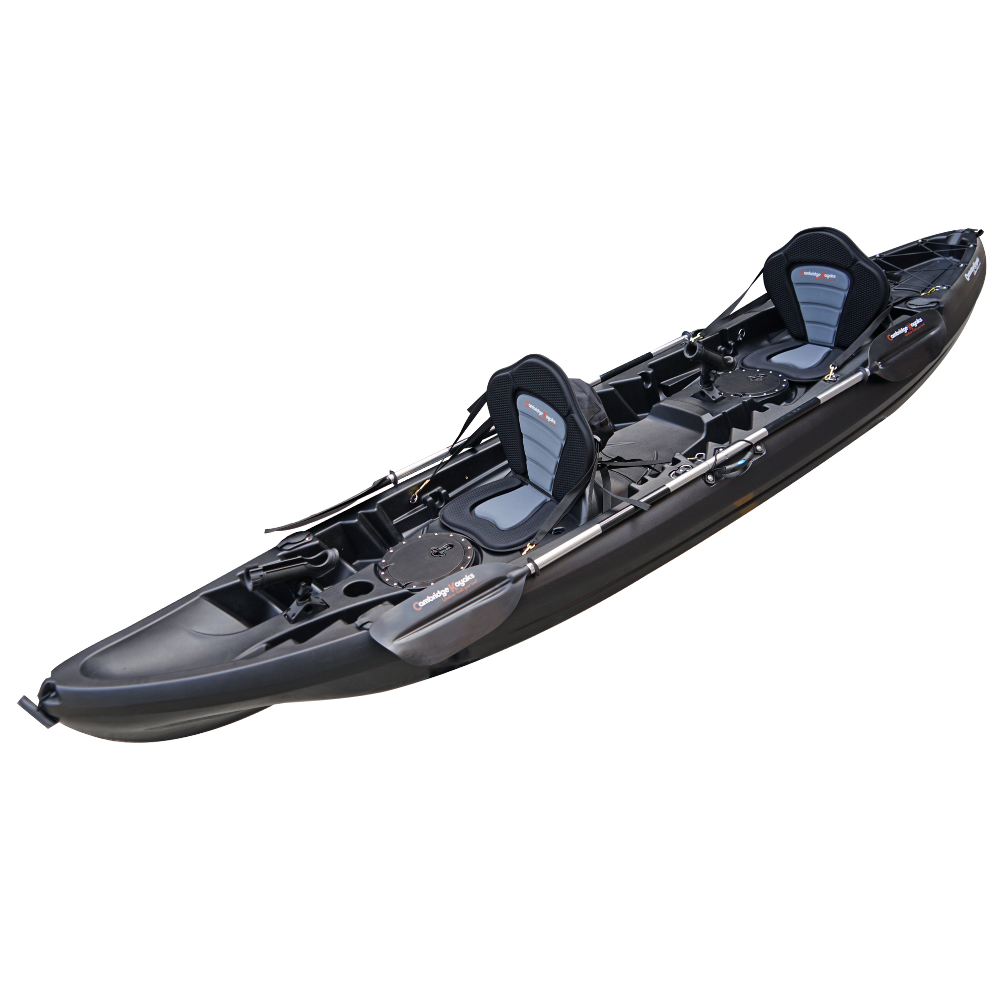 Cambridge Kayaks Sunfish Double Fishing Kayak in black finish, rear-to-front angle highlighting cargo bungee well and drainage holes ideal for UK angling.