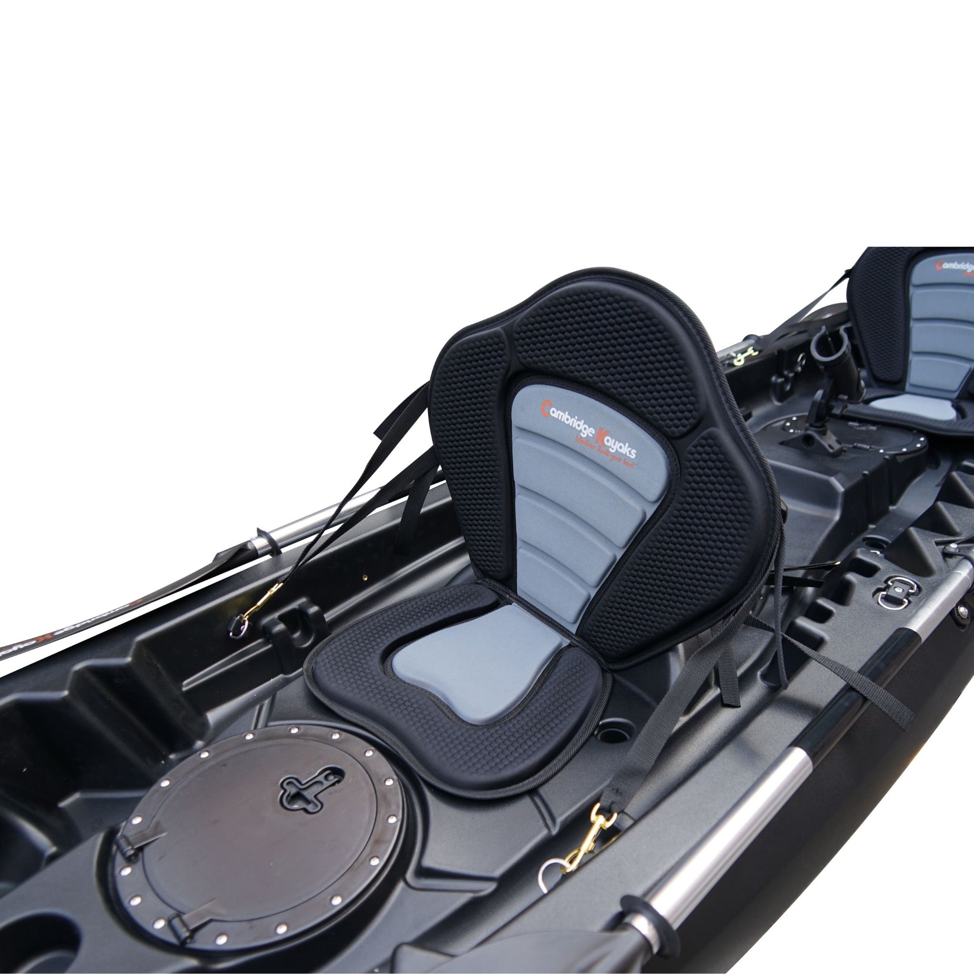 Cambridge Kayaks Sunfish Double Fishing Kayak in black, side profile displaying full hull length, paddle clips and rear storage hatch for UK coastal tours.