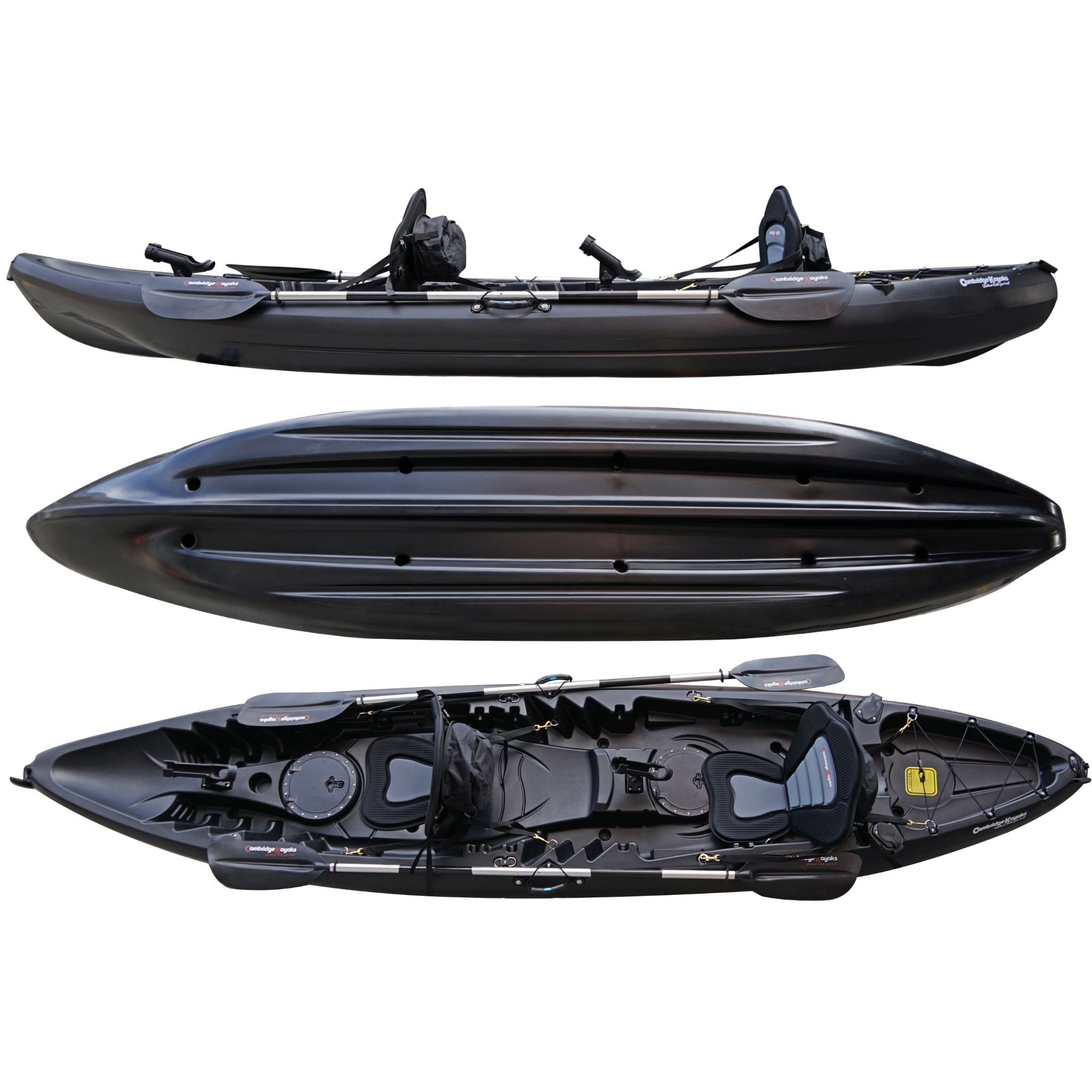 Cambridge Kayaks Sunfish Double Fishing Kayak in sleek black finish, displaying detailed top, bottom, and side images of the hull shape, seat configuration, and deck fittings designed for performance and comfort in UK waters.