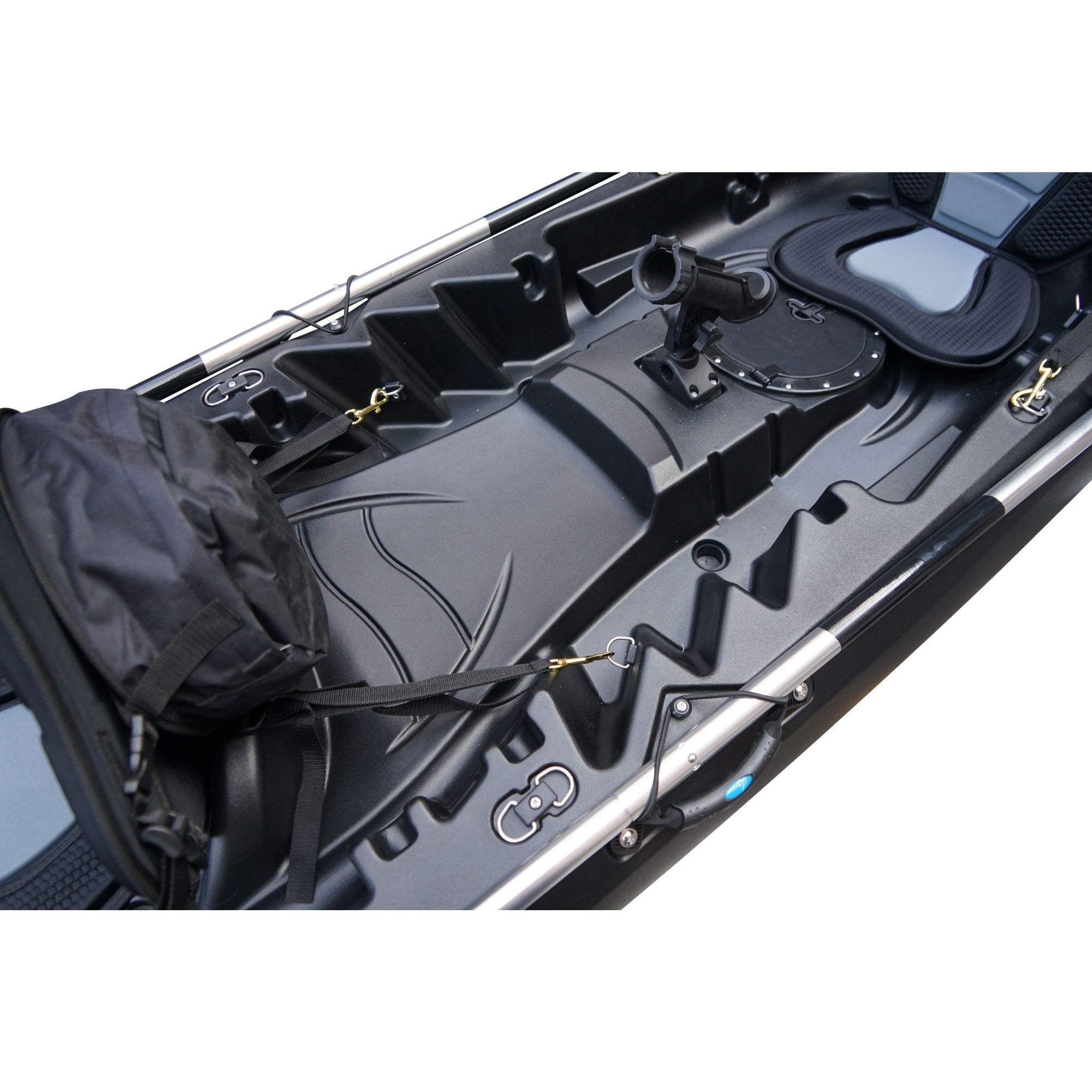 Cambridge Kayaks Sunfish Double Fishing Kayak in black colour, top deck close-up showing seat mounts, foot channels and deck design for stability on UK waters.