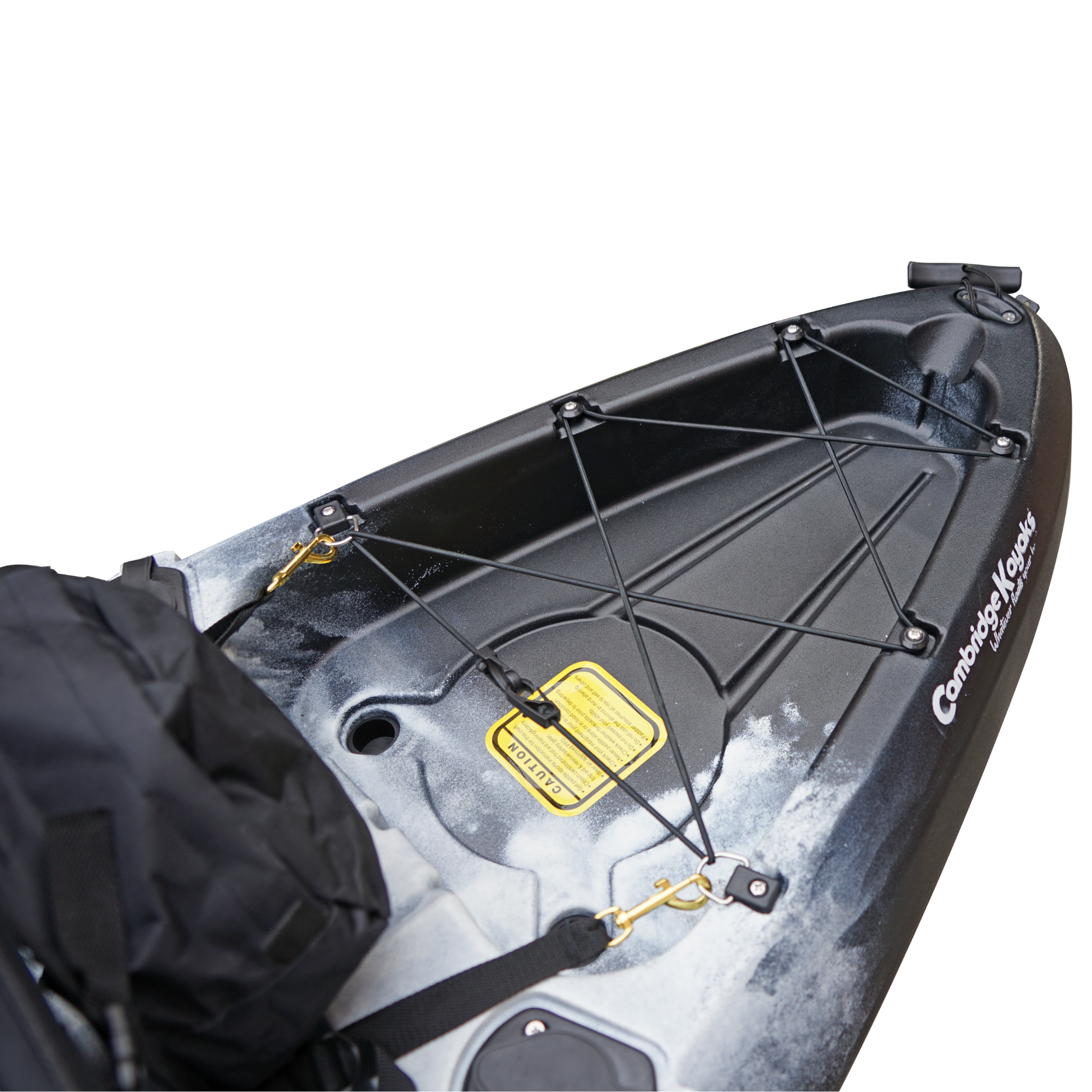 Cambridge Kayaks Sunfish Double Fishing Kayak in black white camo, angled front view highlighting bow storage area and seat fixtures for UK recreational use.