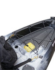 Cambridge Kayaks Sunfish Double Fishing Kayak in black white camo, angled front view highlighting bow storage area and seat fixtures for UK recreational use.