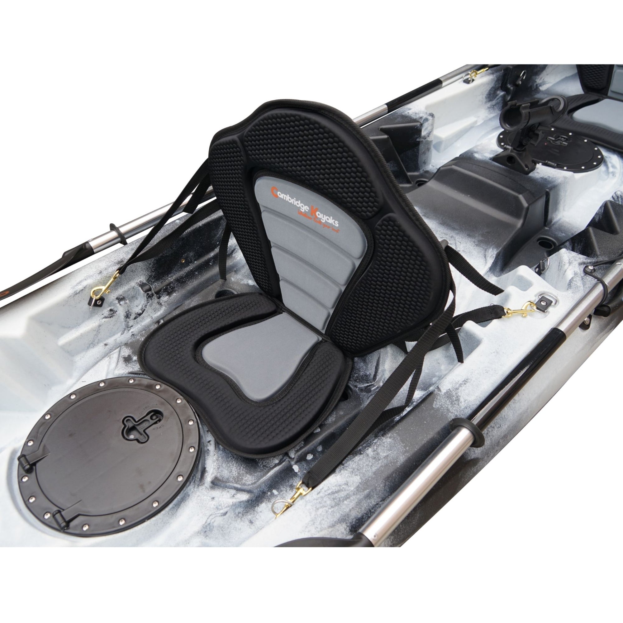 Cambridge Kayaks Sunfish Double Fishing Kayak in black white camo, close-up mid-deck photo showing rod holders and deck fittings used for UK fishing trips.