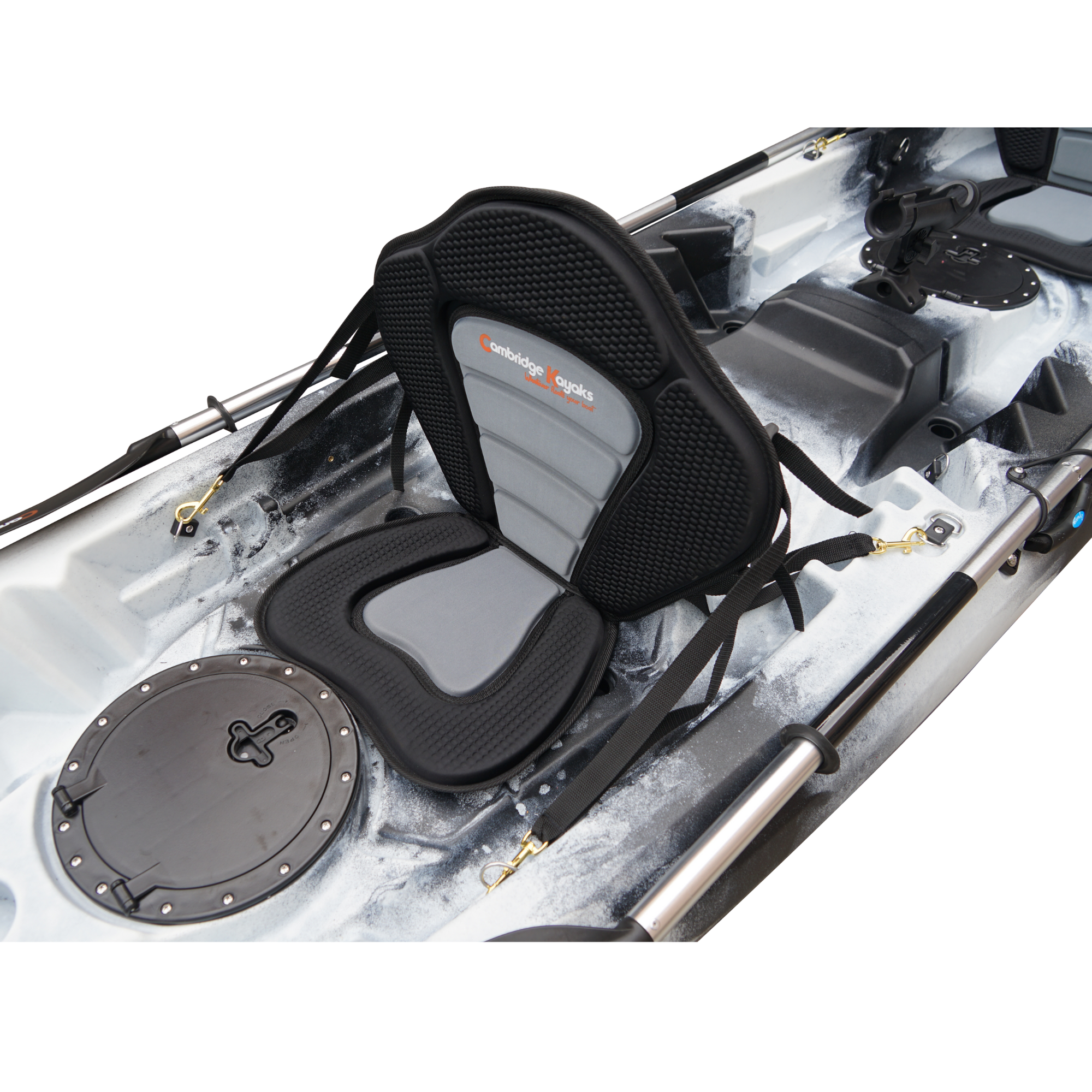 Cambridge Kayaks Sunfish Double Fishing Kayak in black white camo, close-up mid-deck photo showing rod holders and deck fittings used for UK fishing trips.