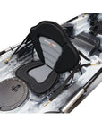 Cambridge Kayaks Sunfish Double Fishing Kayak in black white camo, close-up mid-deck photo showing rod holders and deck fittings used for UK fishing trips.